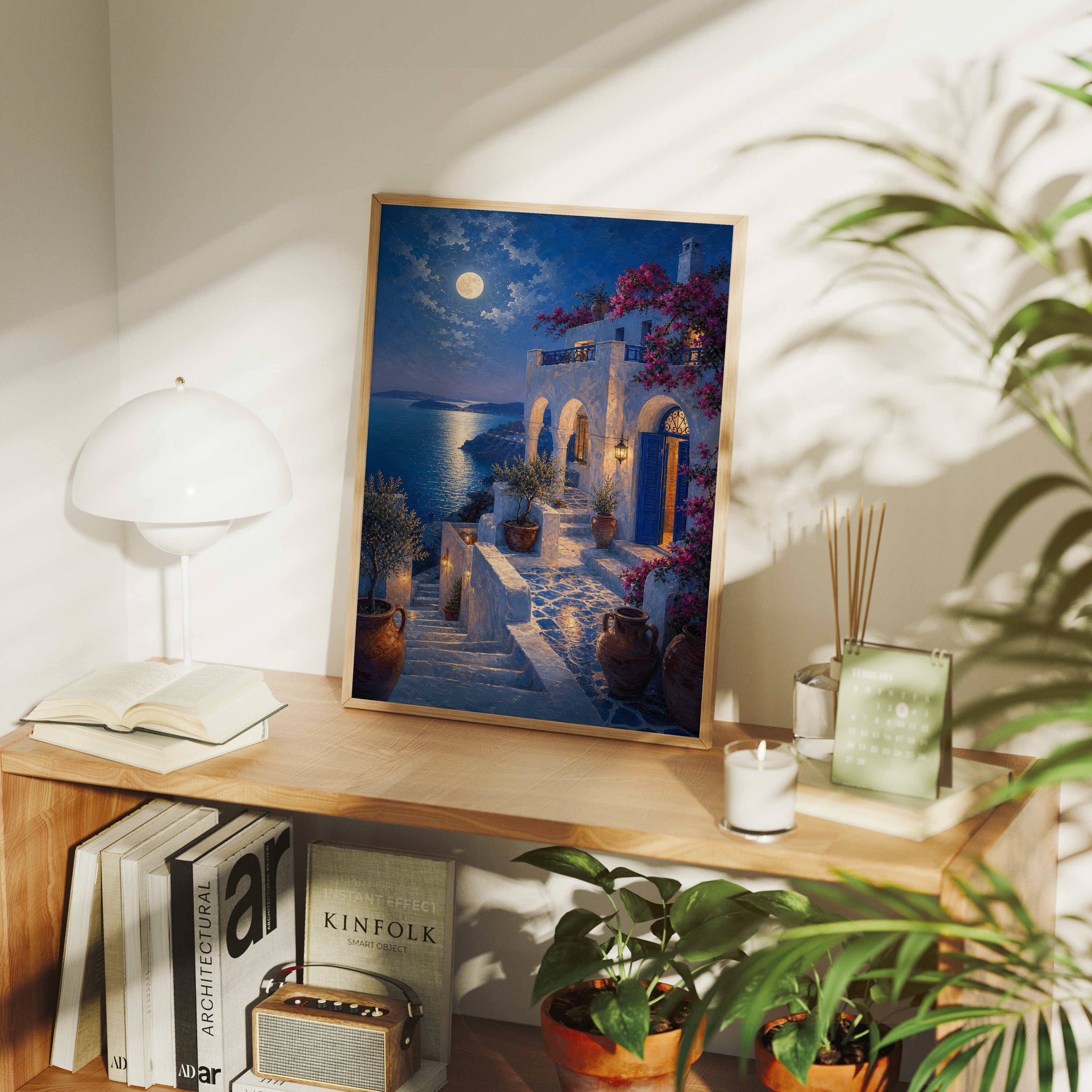 Santorini Moonlit Stairway poster framed room mockup by Seji Art