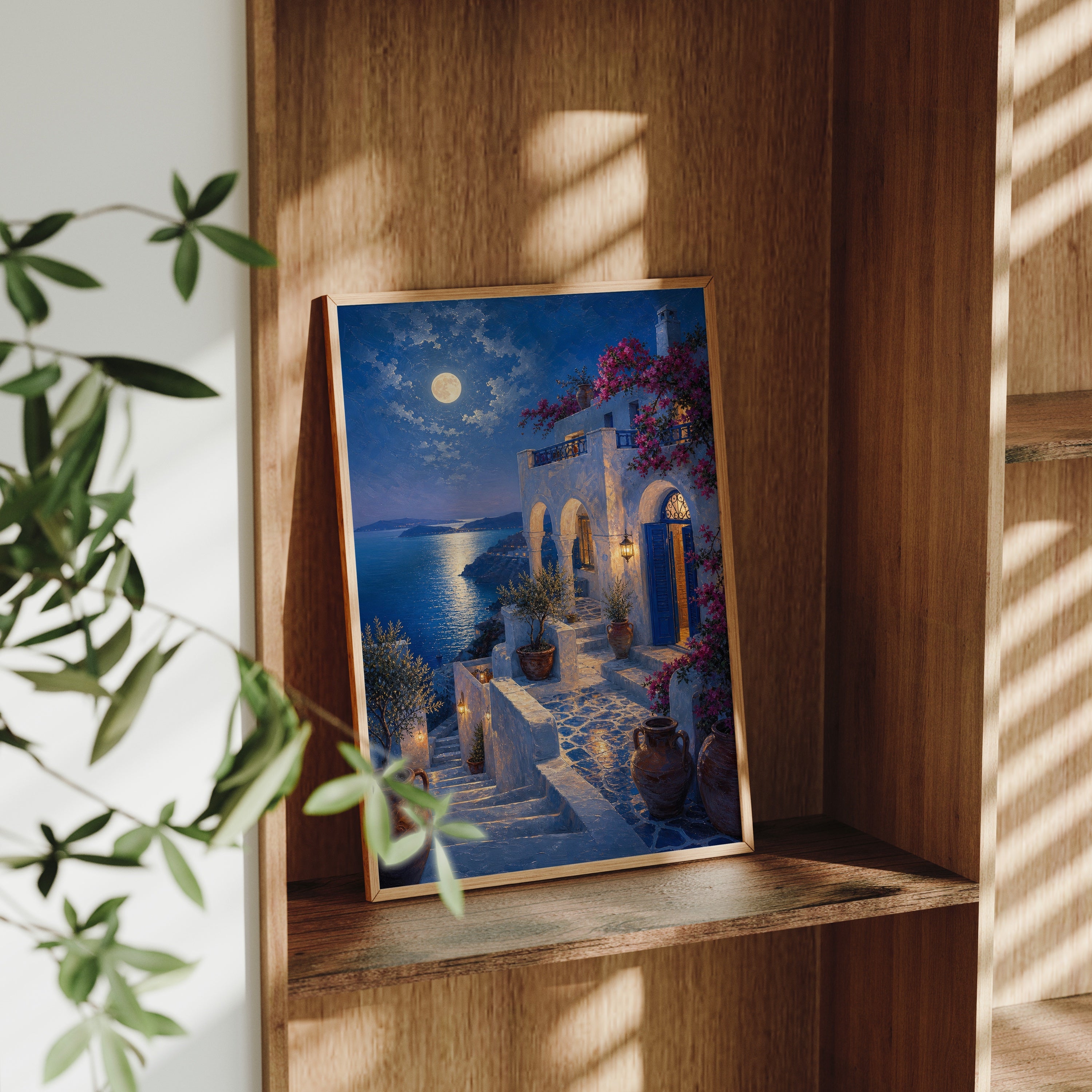 Santorini Moonlit Stairway poster gallery shelf mockup by Seji Art