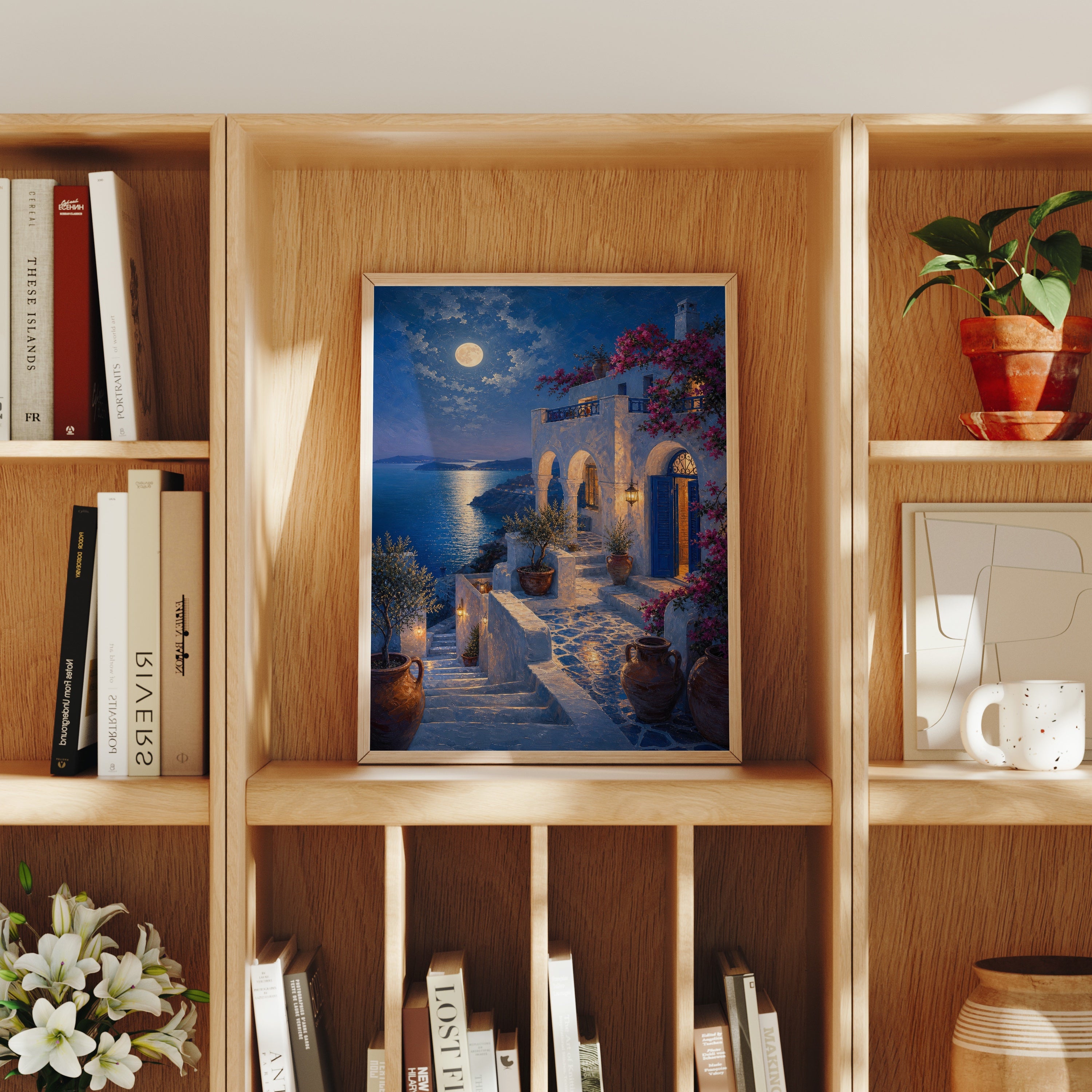 Santorini Moonlit Stairway poster home decor mockup by Seji Art