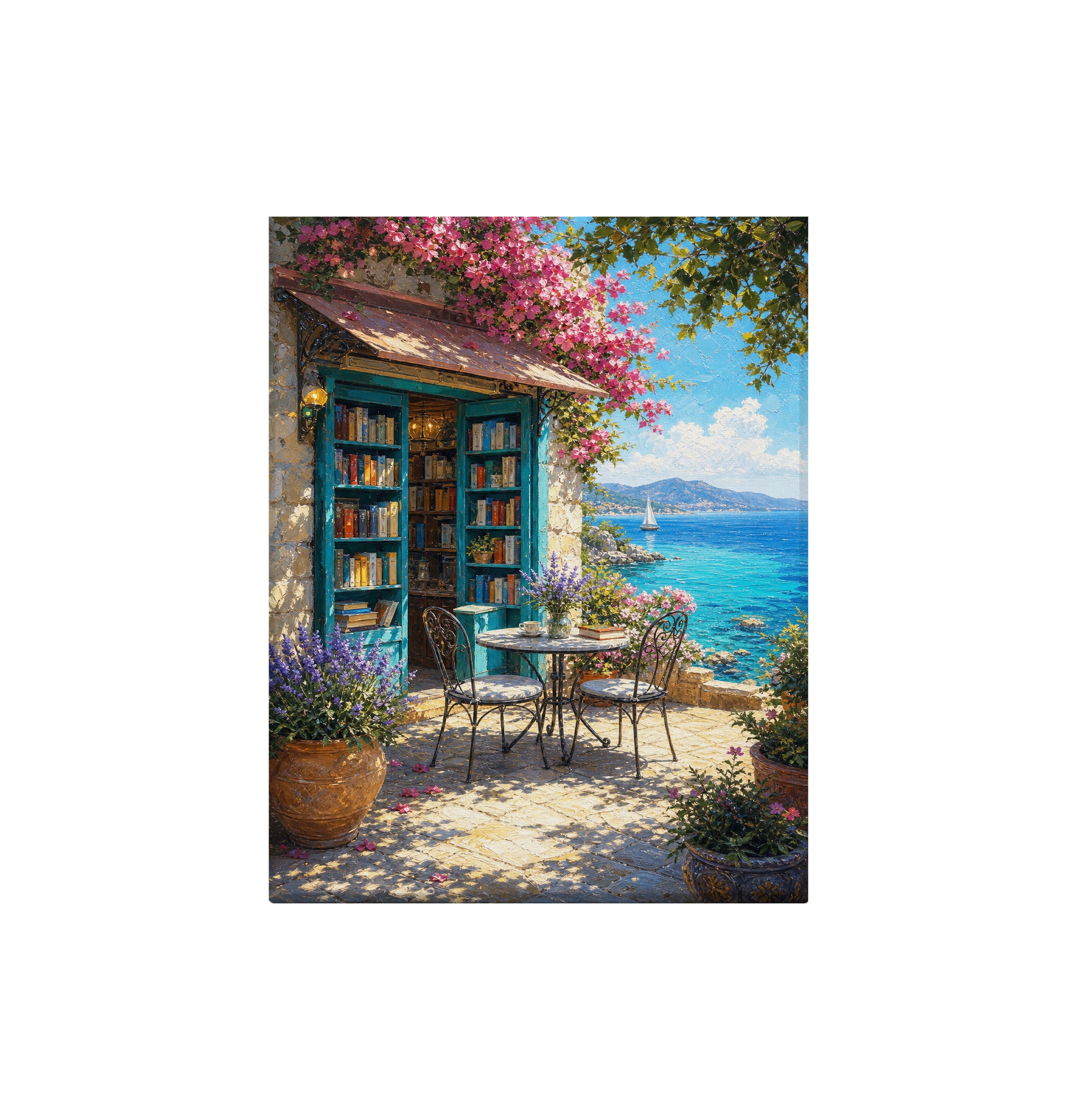 Seaside Bookshop Cafe Terrace canvas wall art preview by Seji Art