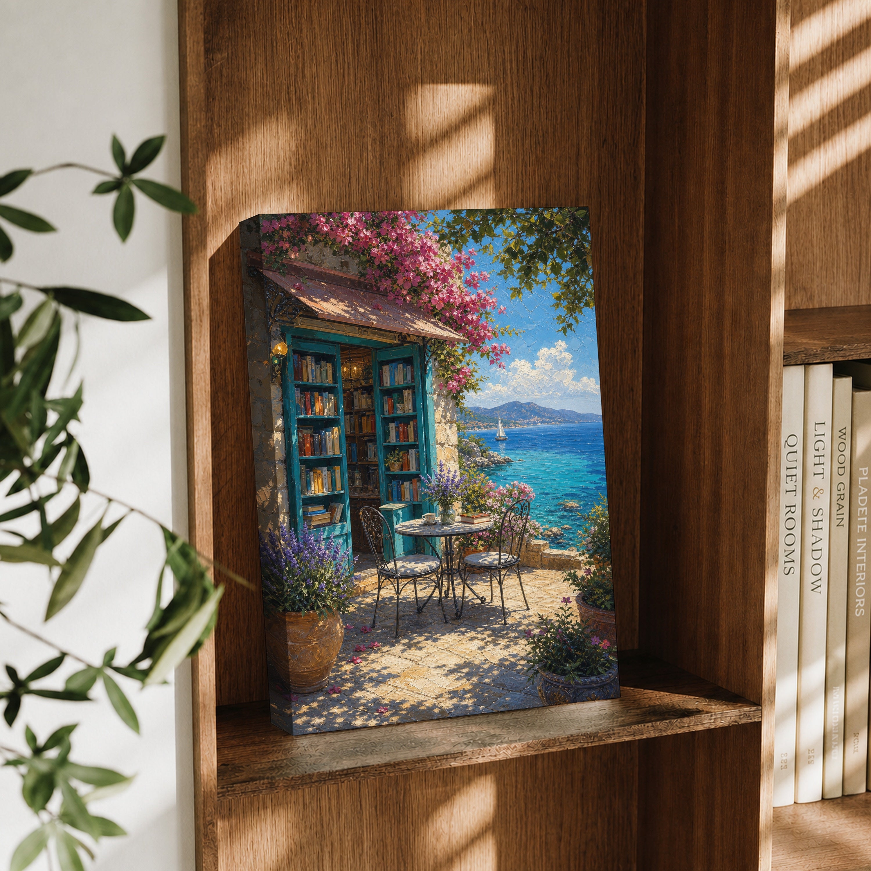 Seaside Bookshop Cafe Terrace canvas wall art decor mockup by Seji Art