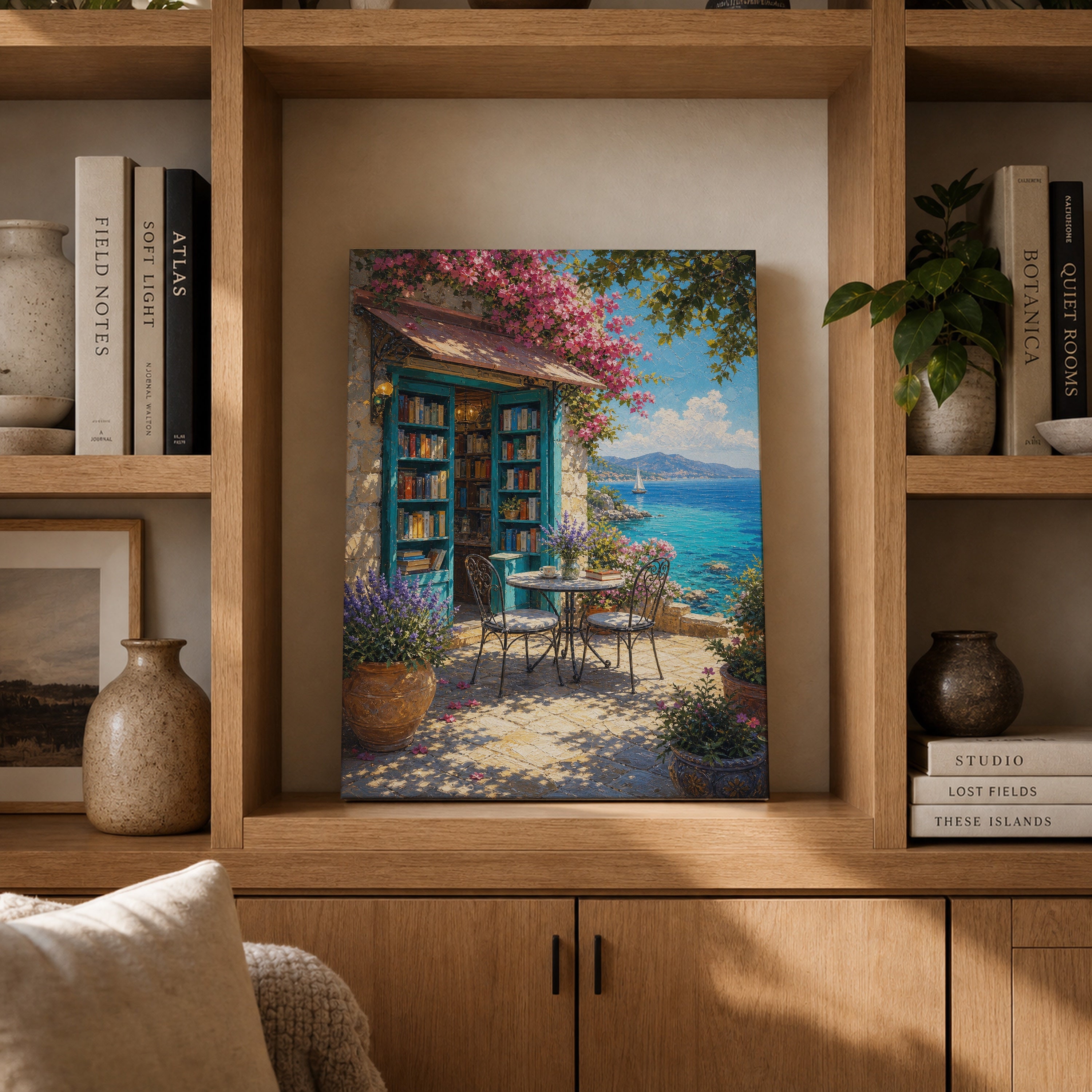Seaside Bookshop Cafe Terrace canvas gallery shelf mockup by Seji Art