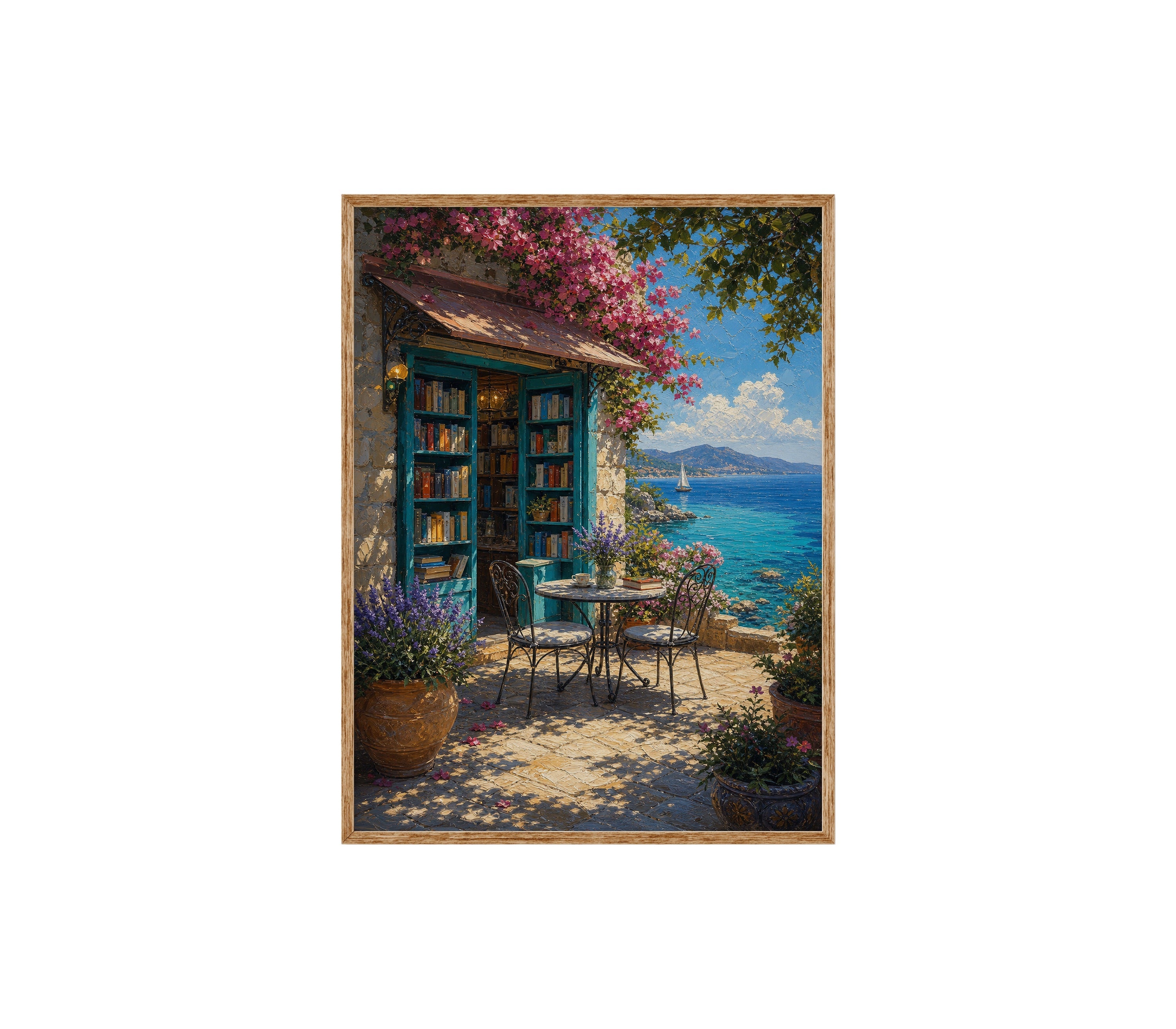 Seaside Bookshop Cafe Terrace poster print preview by Seji Art