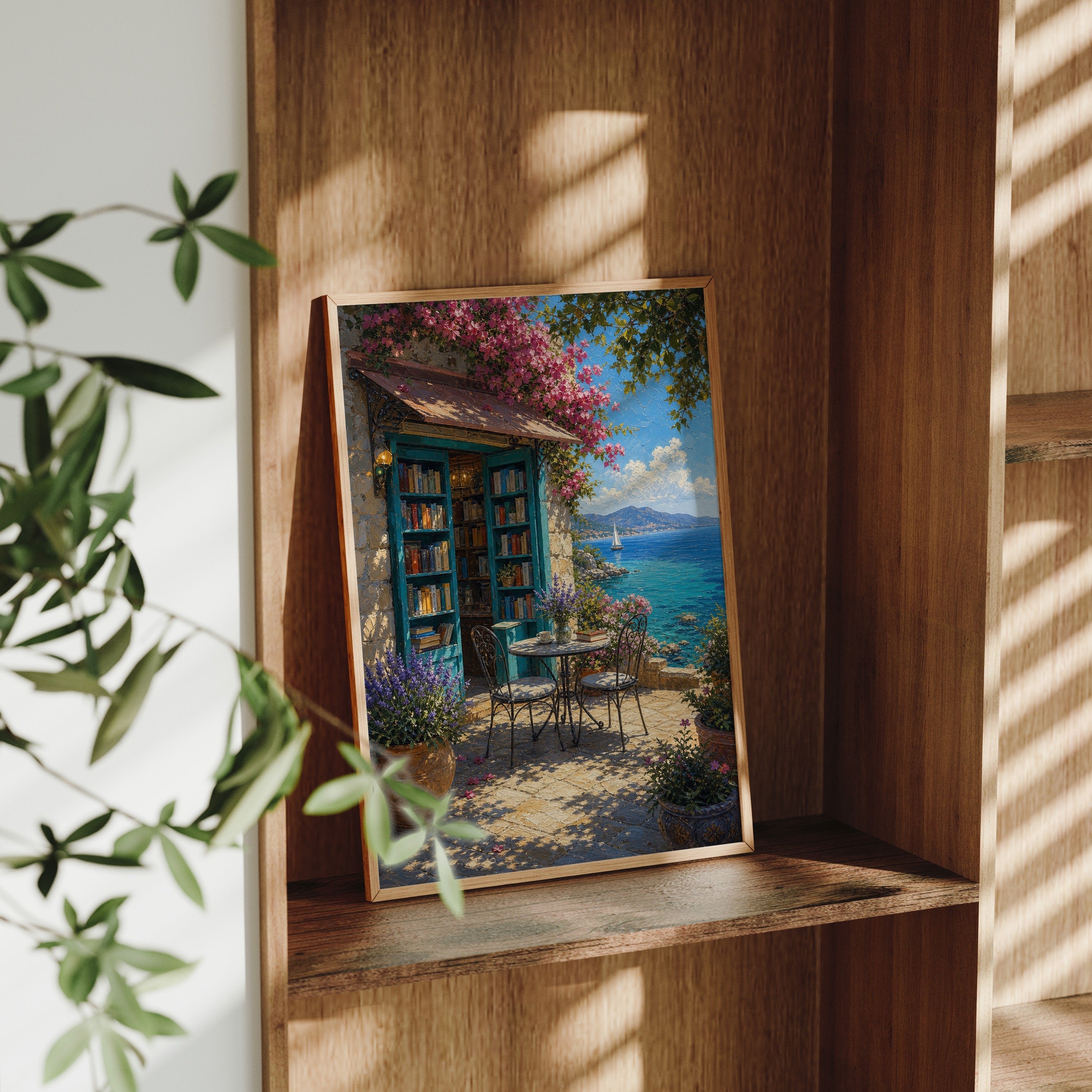 Seaside Bookshop Cafe Terrace poster gallery shelf mockup by Seji Art