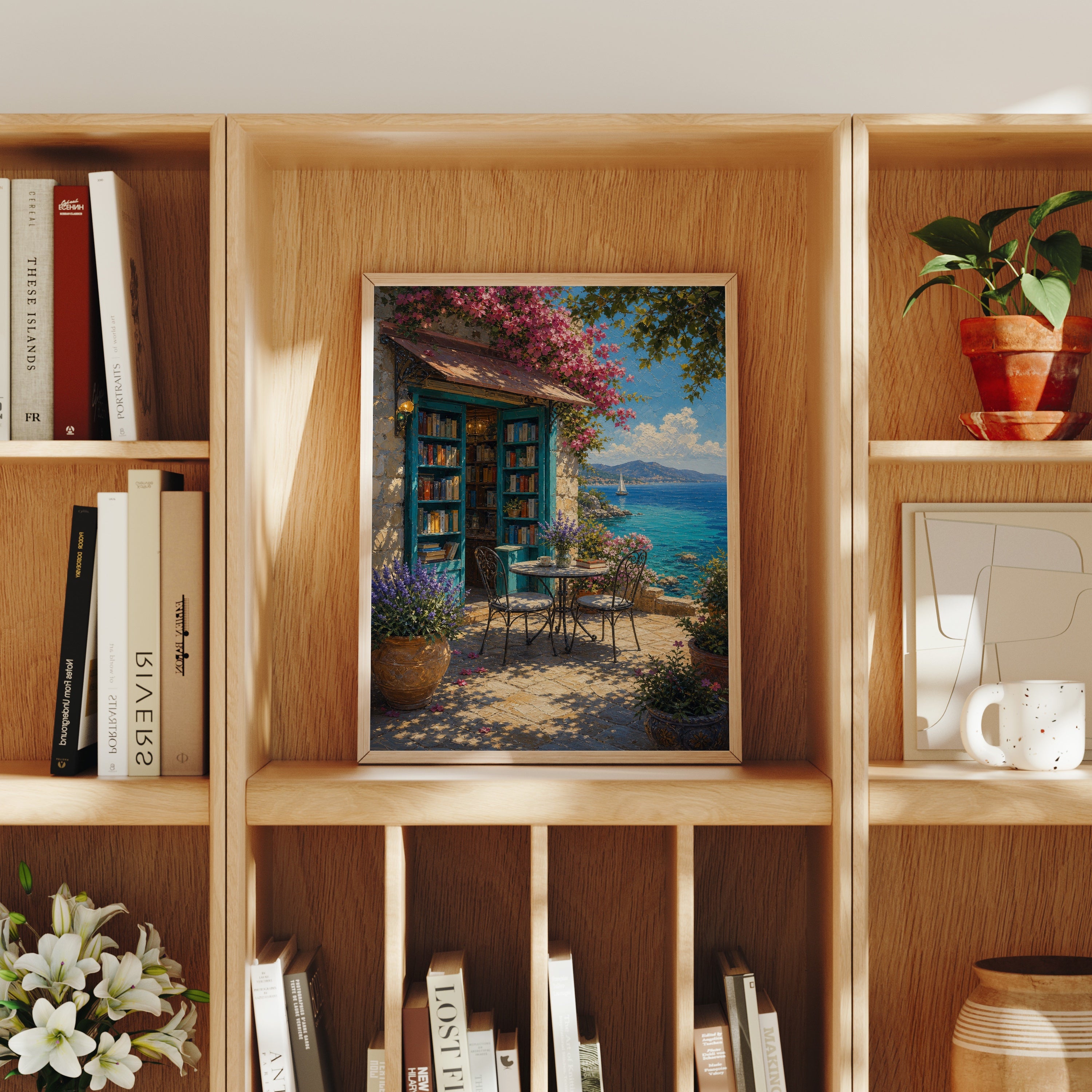 Seaside Bookshop Cafe Terrace poster home decor mockup by Seji Art