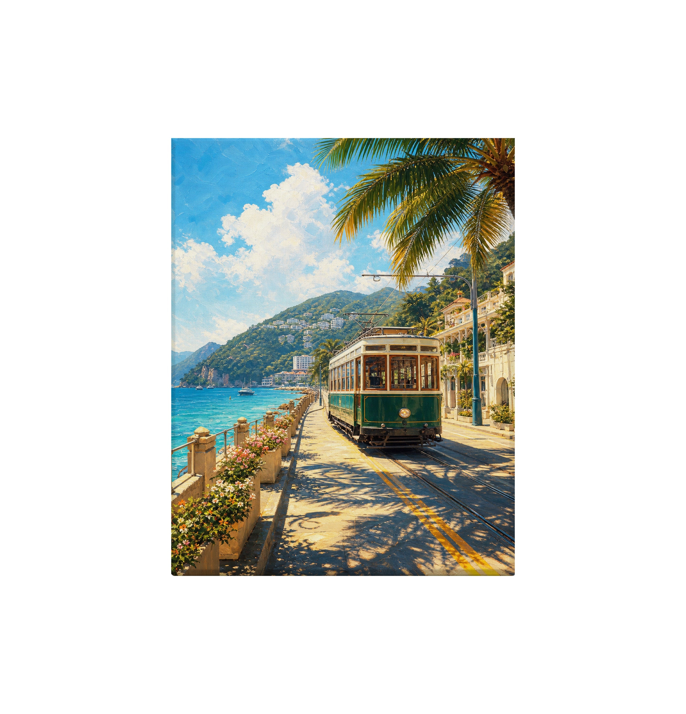 Seaside Tram Promenade canvas wall art preview by Seji Art