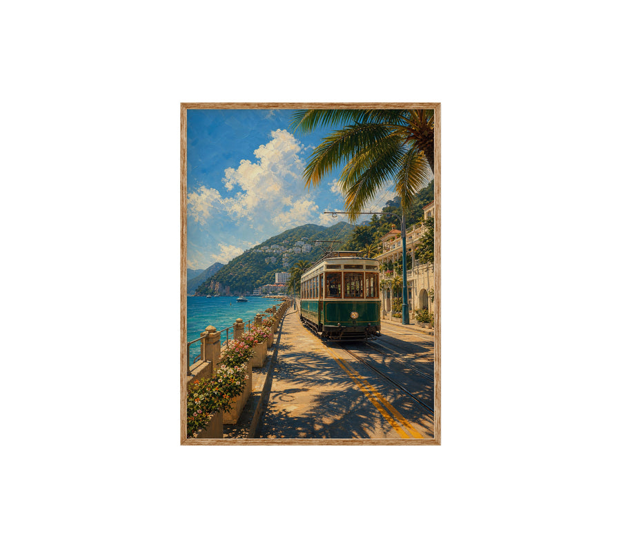 Seaside Tram Promenade poster print preview by Seji Art