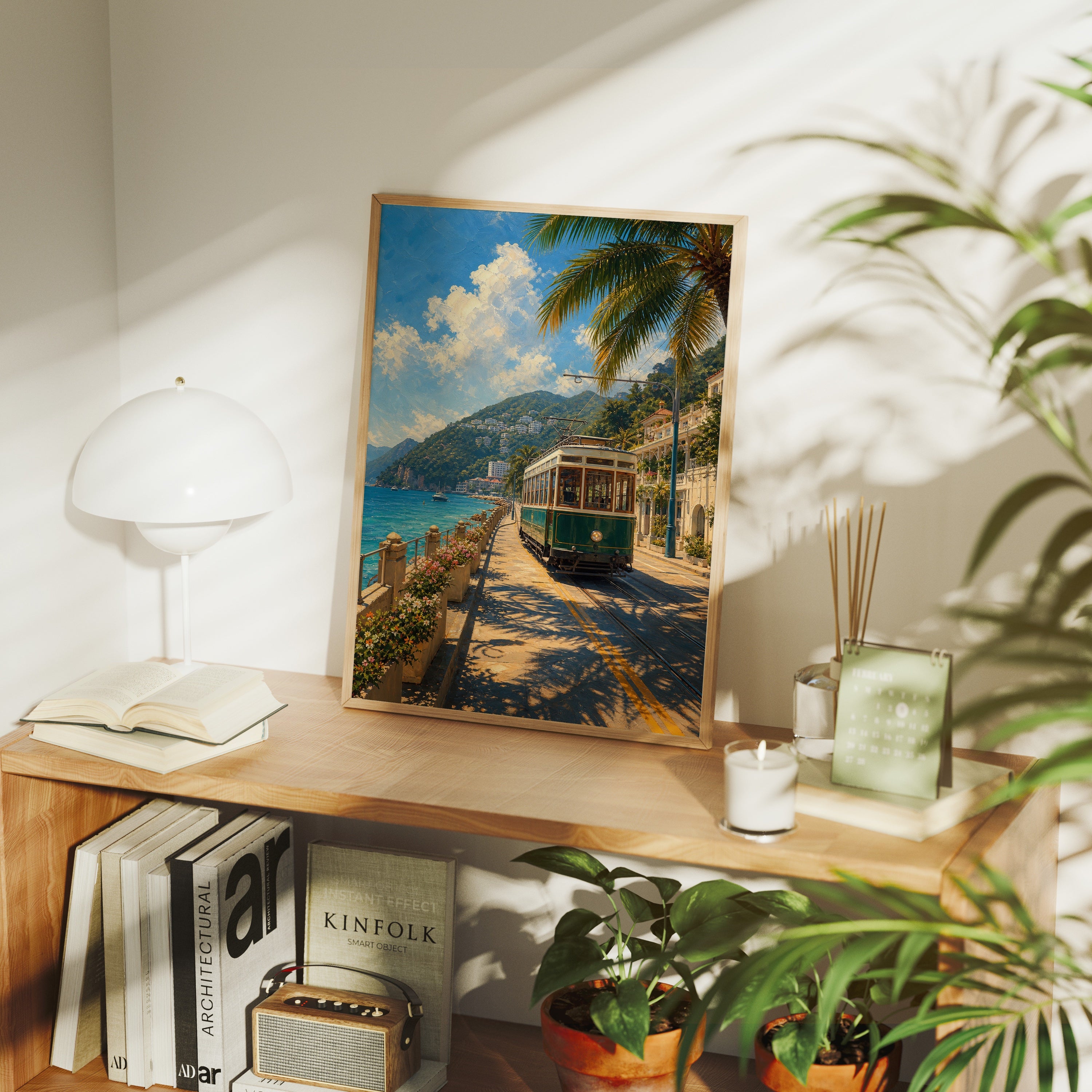 Seaside Tram Promenade poster framed room mockup by Seji Art