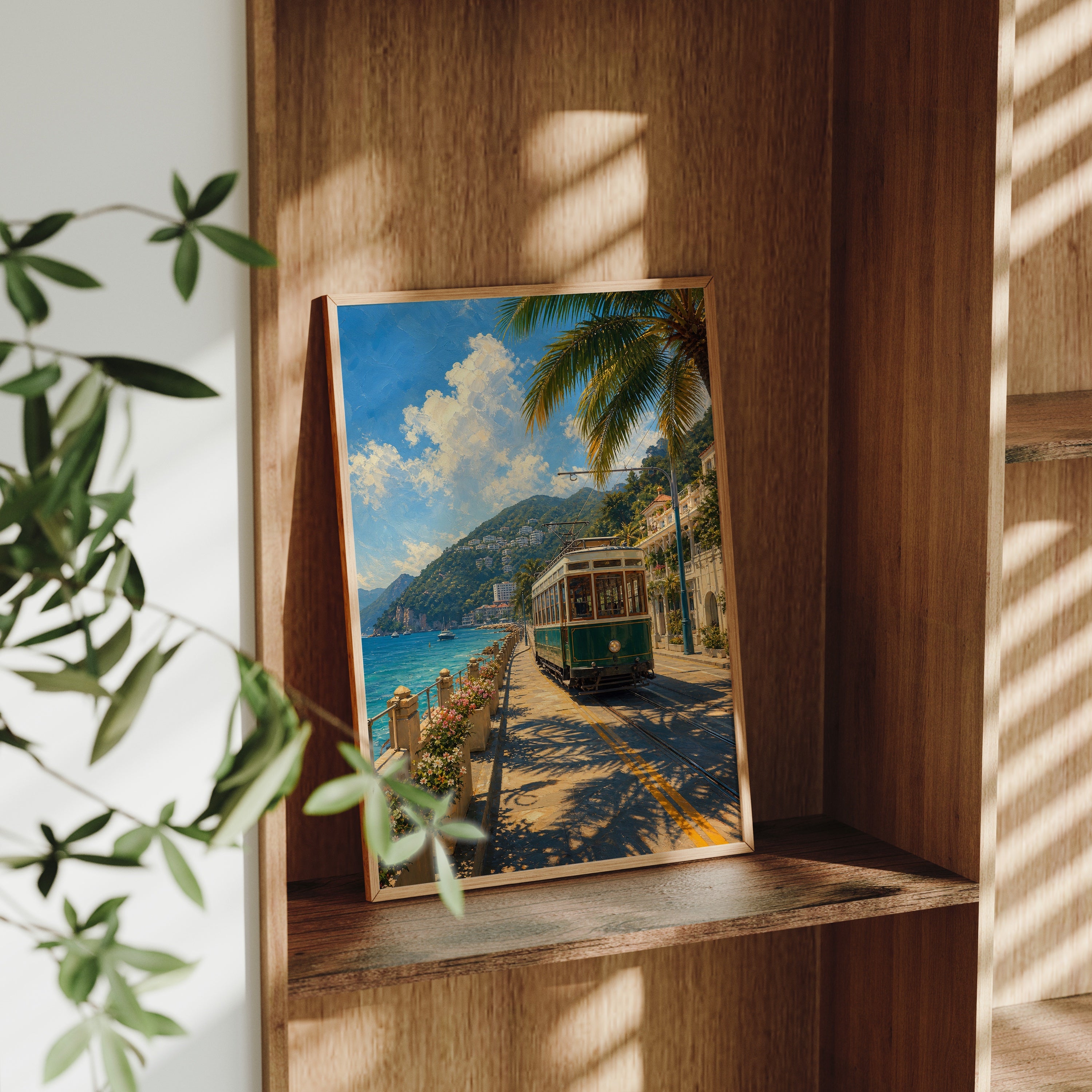 Seaside Tram Promenade poster gallery shelf mockup by Seji Art