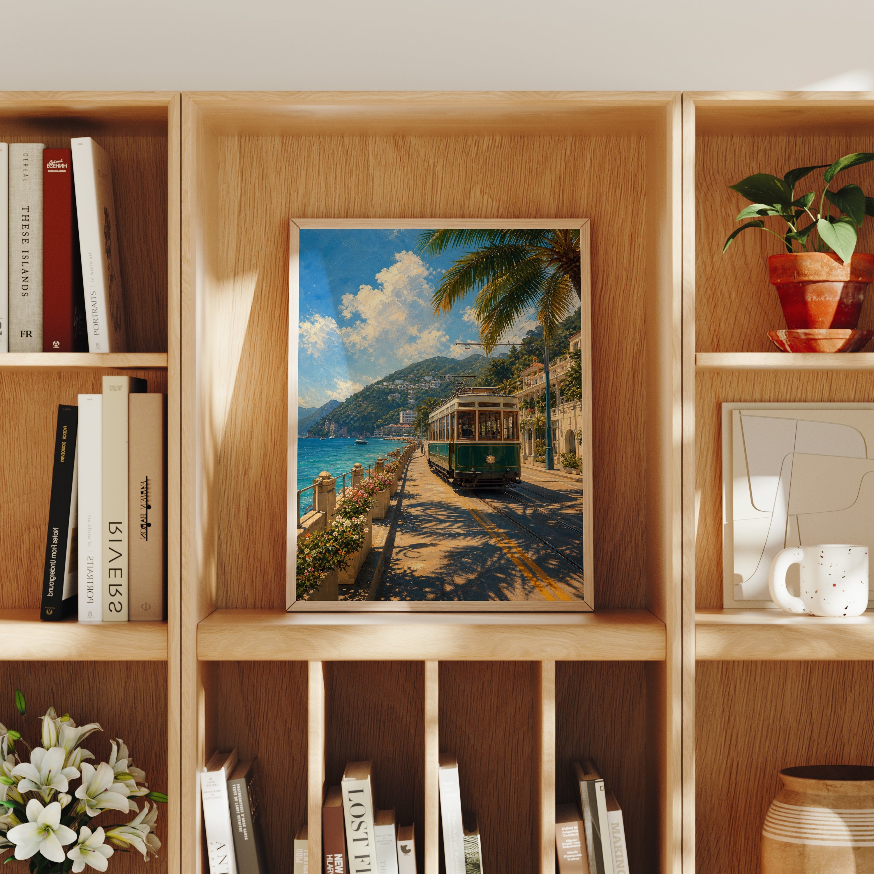 Seaside Tram Promenade poster home decor mockup by Seji Art