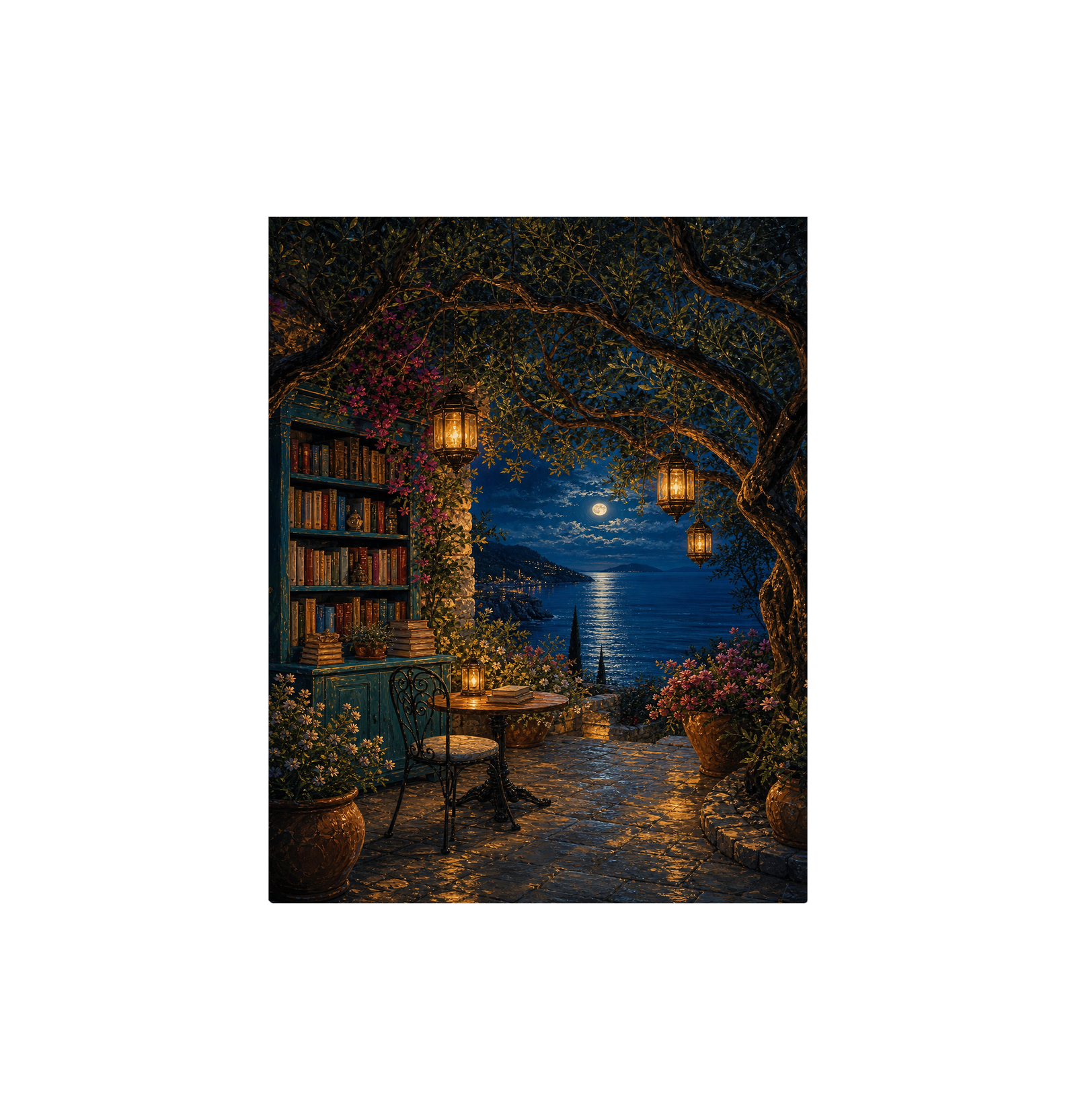 Moonlit Library Window Wall Art Print
