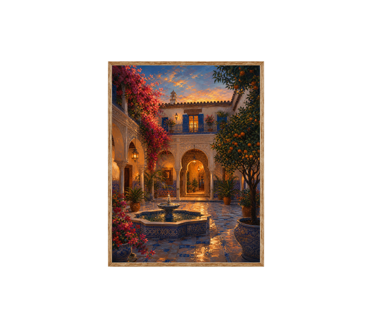 Spanish Courtyard Fountain Night Wall Art Print poster original preview