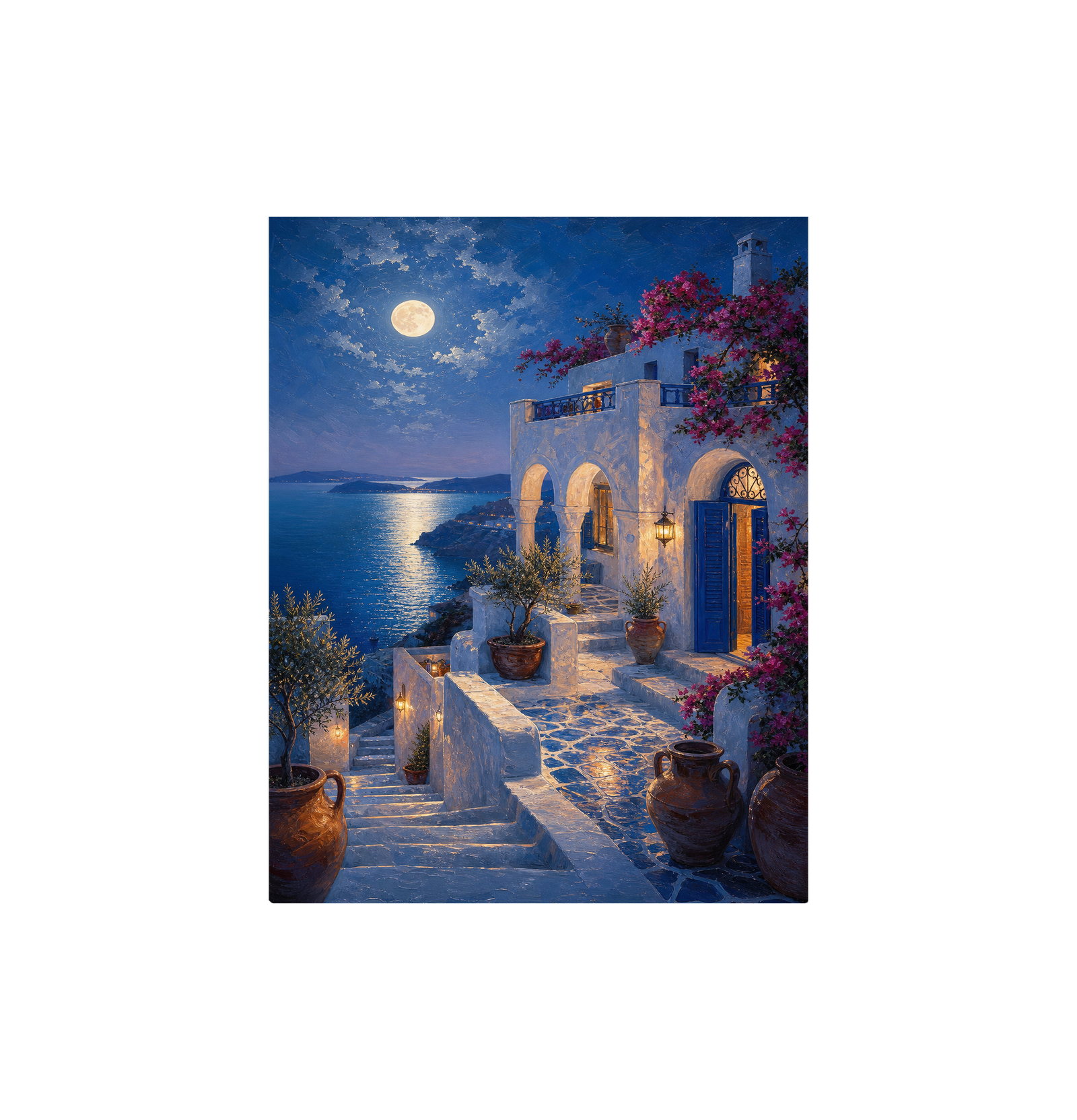 Santorini Moonlit Stairway Wall Art Print