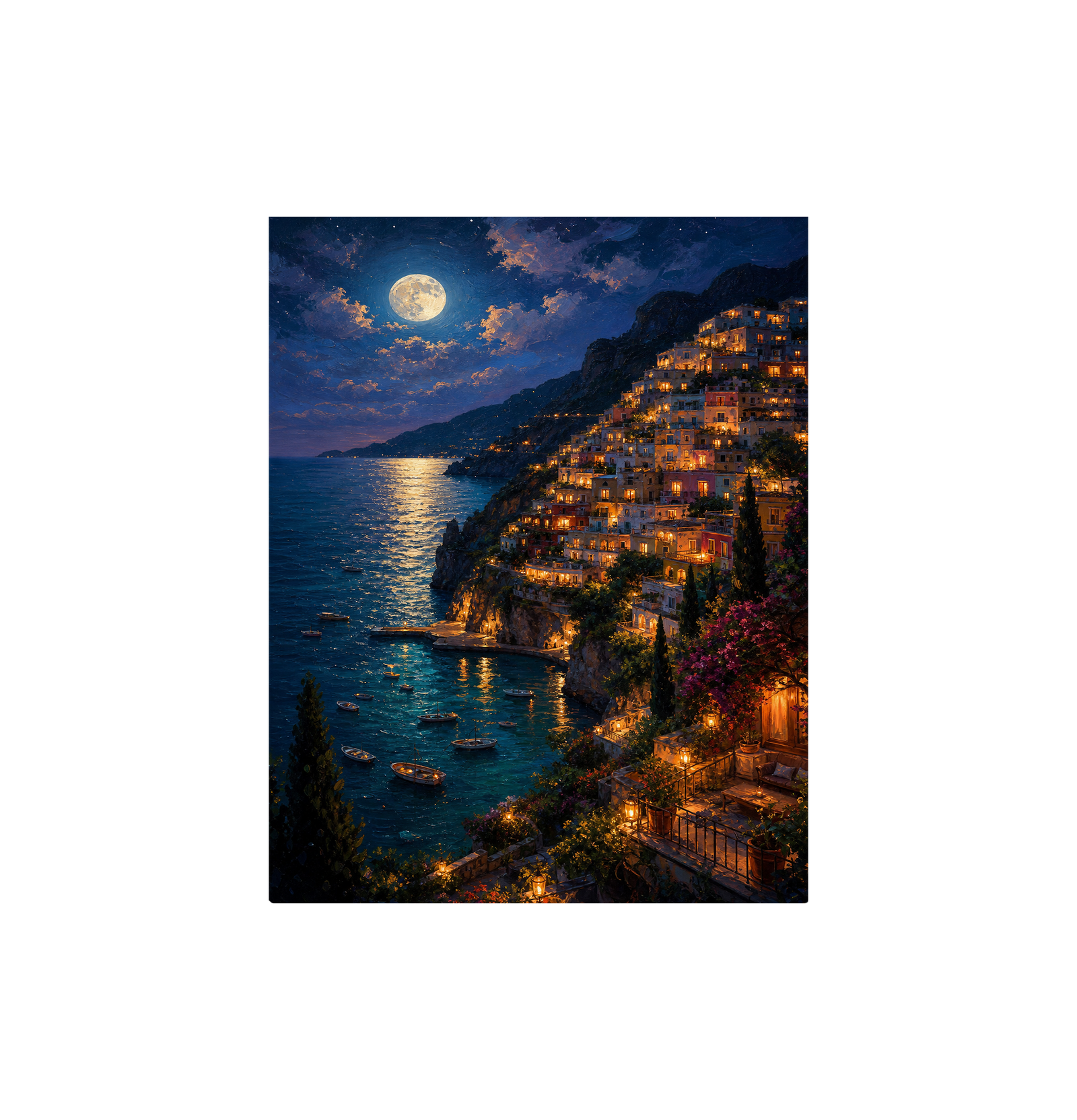 Moonlit Amalfi Coast Village Wall Art Print