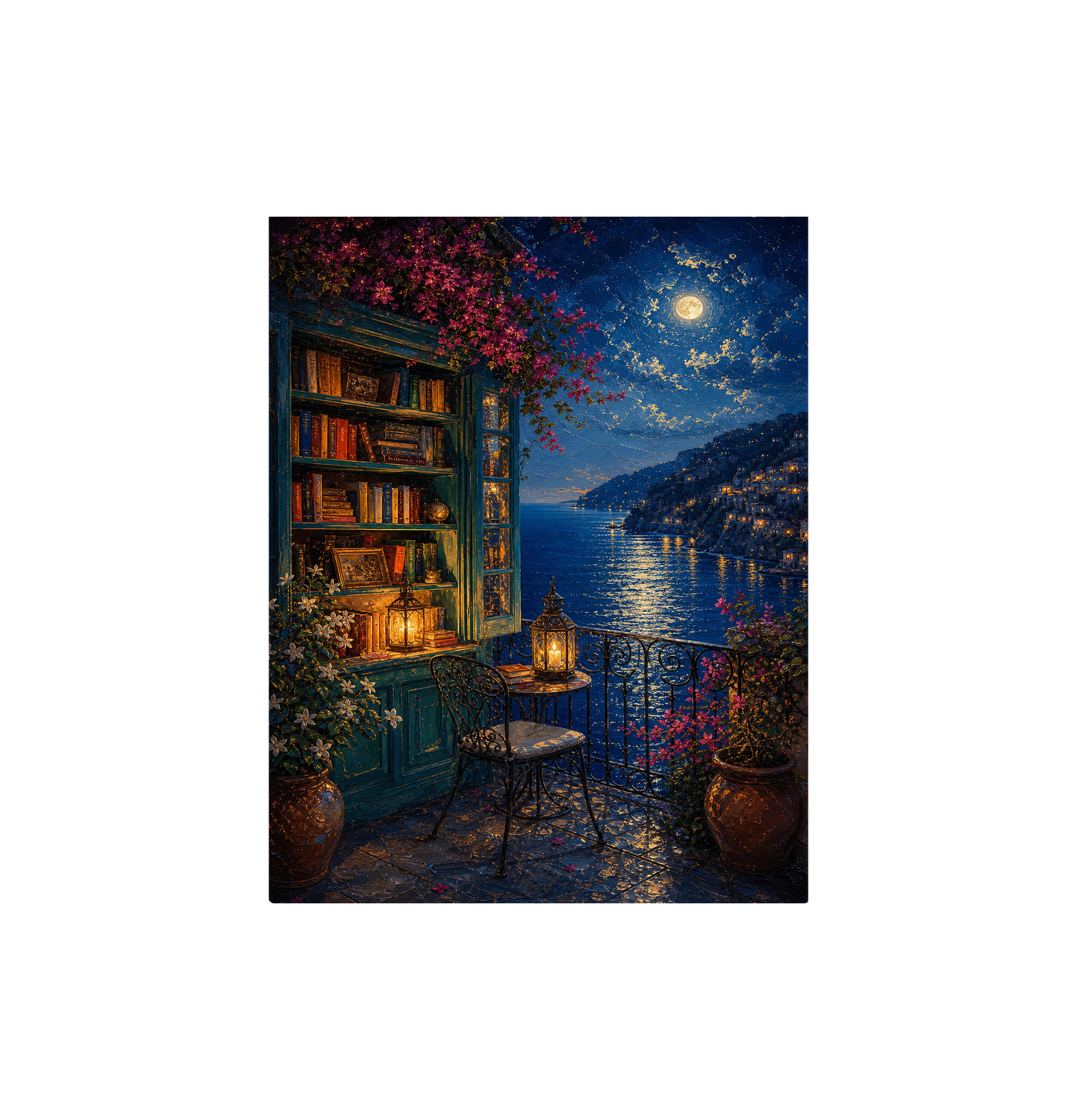 Moonlit Lakeside Bookshop Wall Art Print