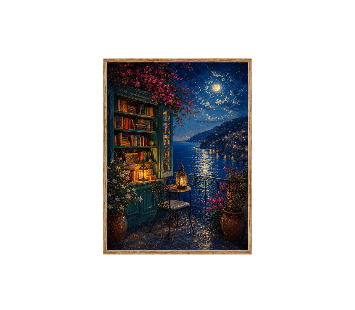 Moonlit Lakeside Bookshop Wall Art Print poster original preview