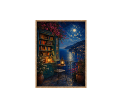 Moonlit Lakeside Bookshop Wall Art Print poster original preview