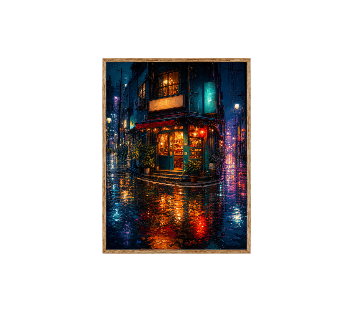Rainy Neon Corner Restaurant Wall Art Print poster original preview