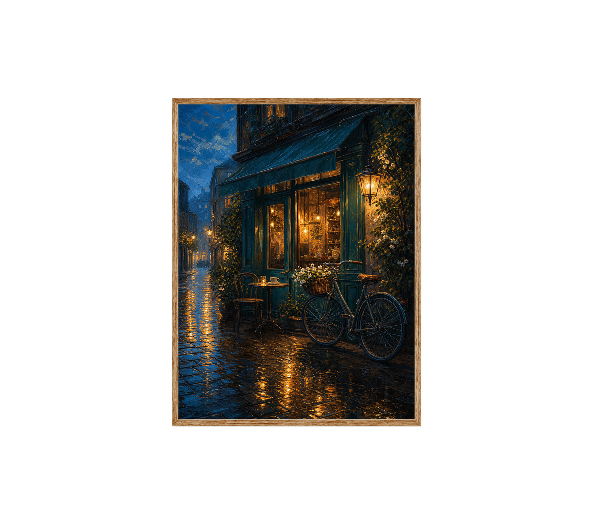 Rainy Bicycle Cafe Corner Wall Art Print poster original preview