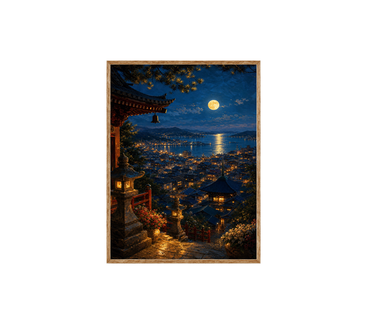 Moonlit Coastal Village Steps Wall Art Print poster original preview