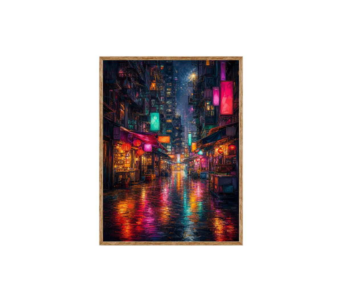 Neon Alley Rain Street Wall Art Print poster original preview