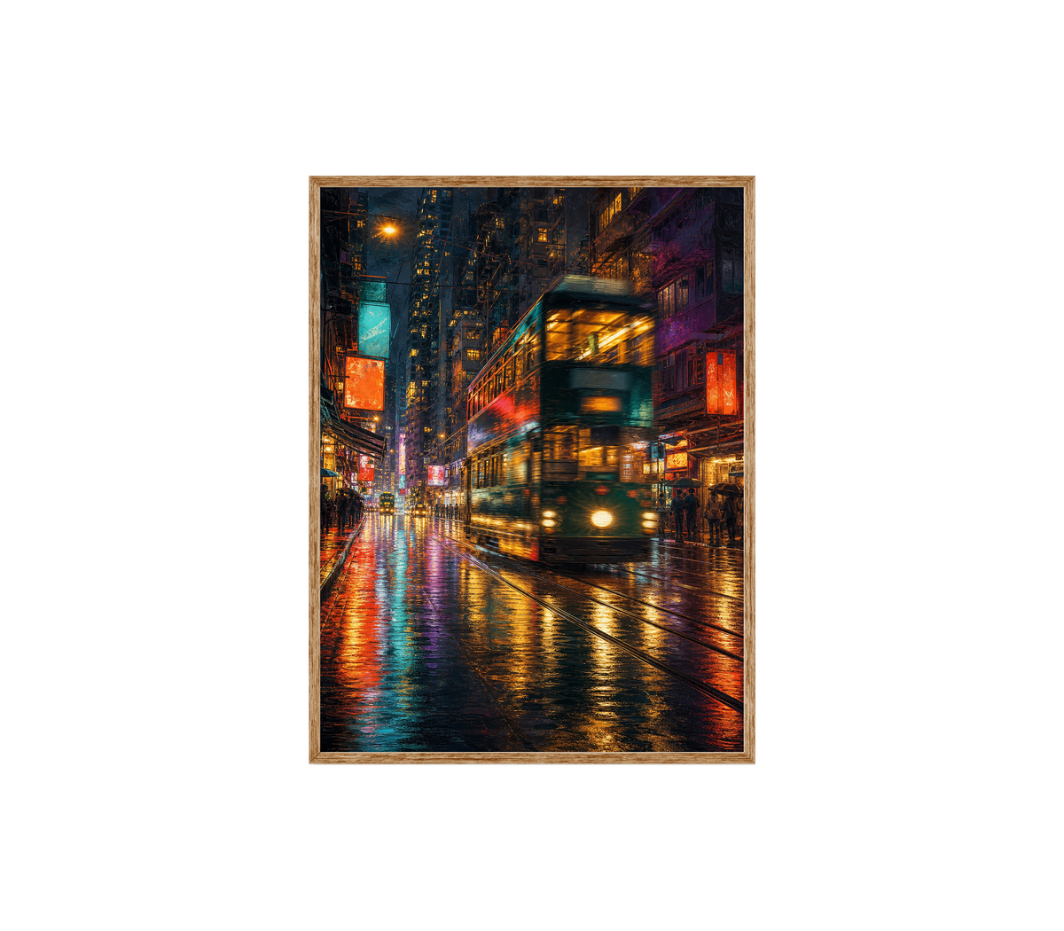 Neon Tram Rain Street Wall Art Print poster original preview