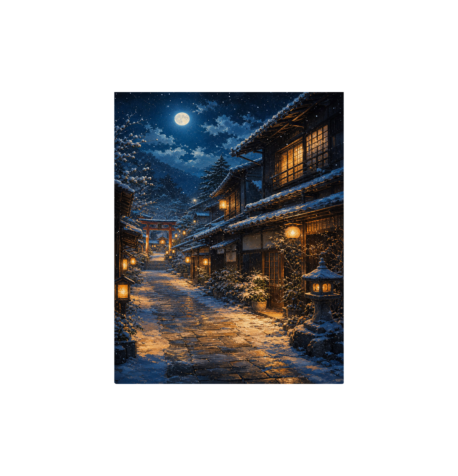 Snowy Mountain Village Moonlight Wall Art Print