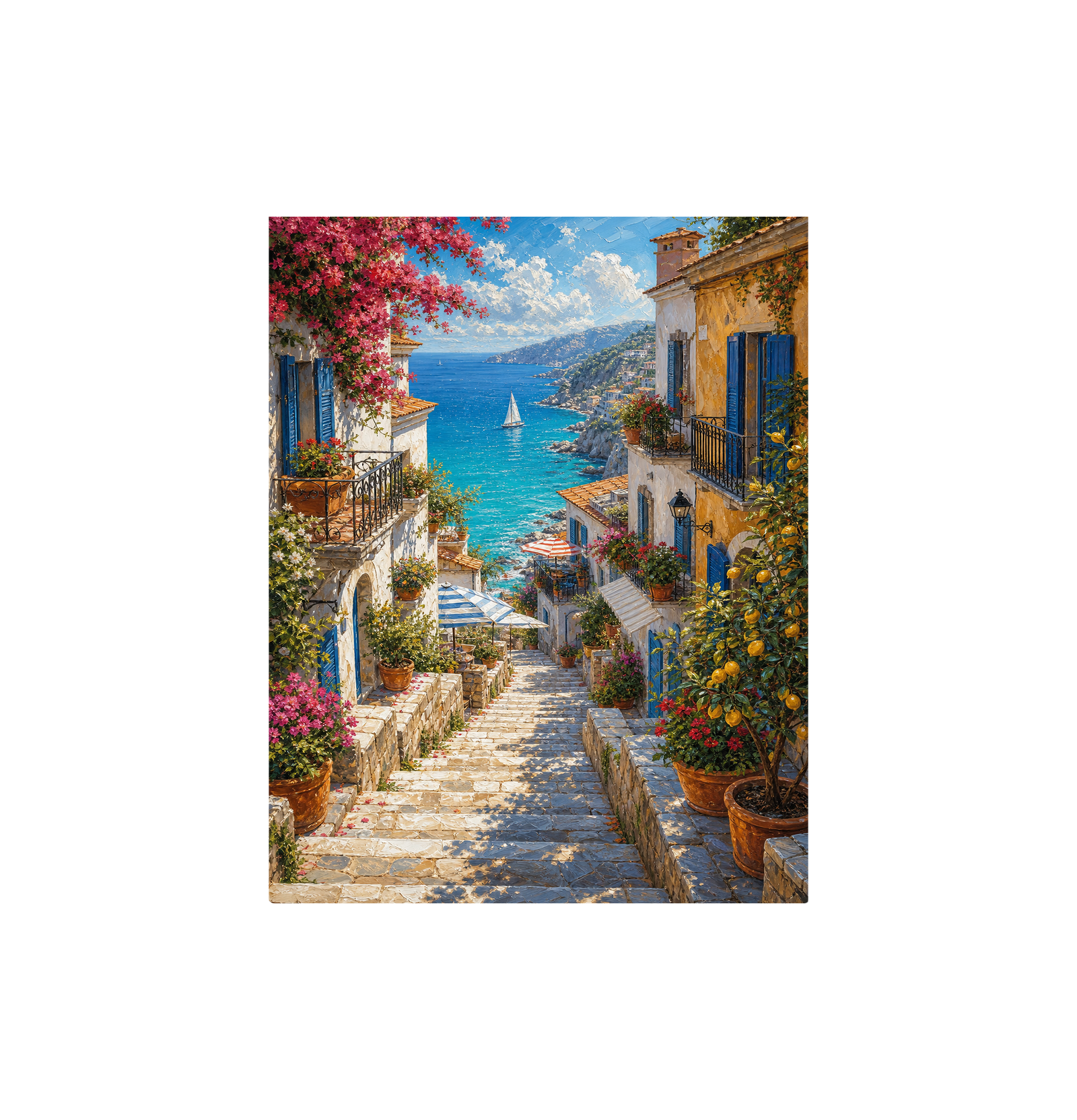 Greek Island Blooming Stairway Wall Art Print
