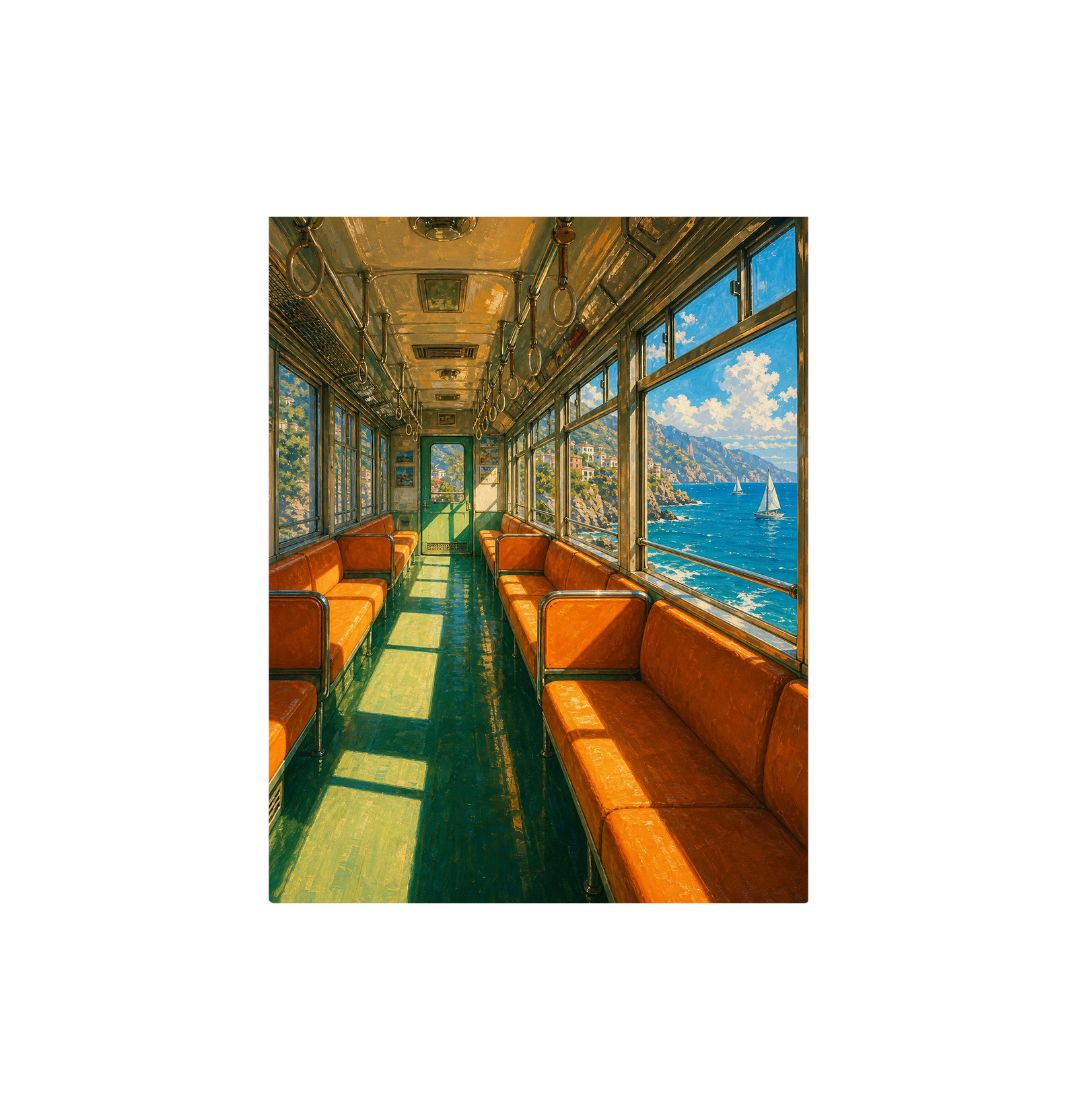 Orange Vintage Train Ocean View Wall Art Print