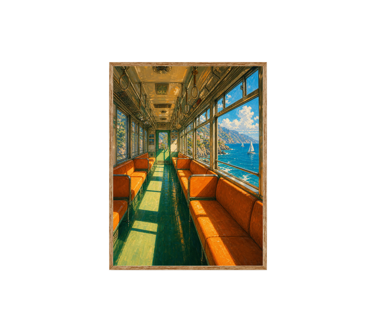 Orange Vintage Train Ocean View Wall Art Print poster original preview