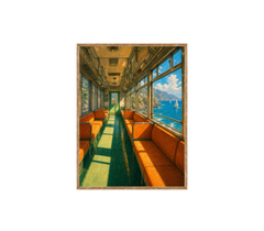 Orange Vintage Train Ocean View Wall Art Print poster original preview
