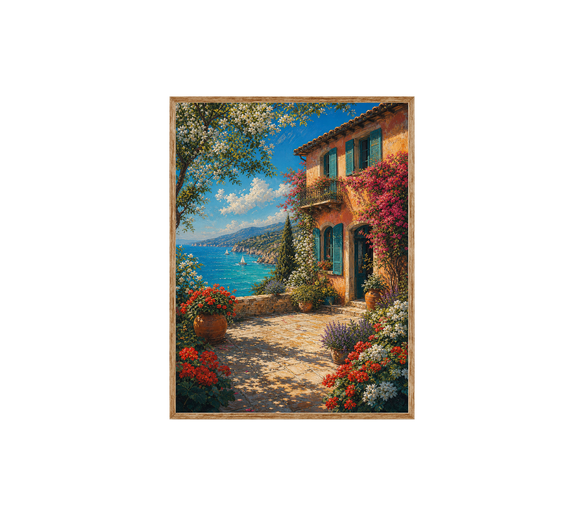 Mediterranean Flower Cottage Sea View Wall Art Print poster original preview