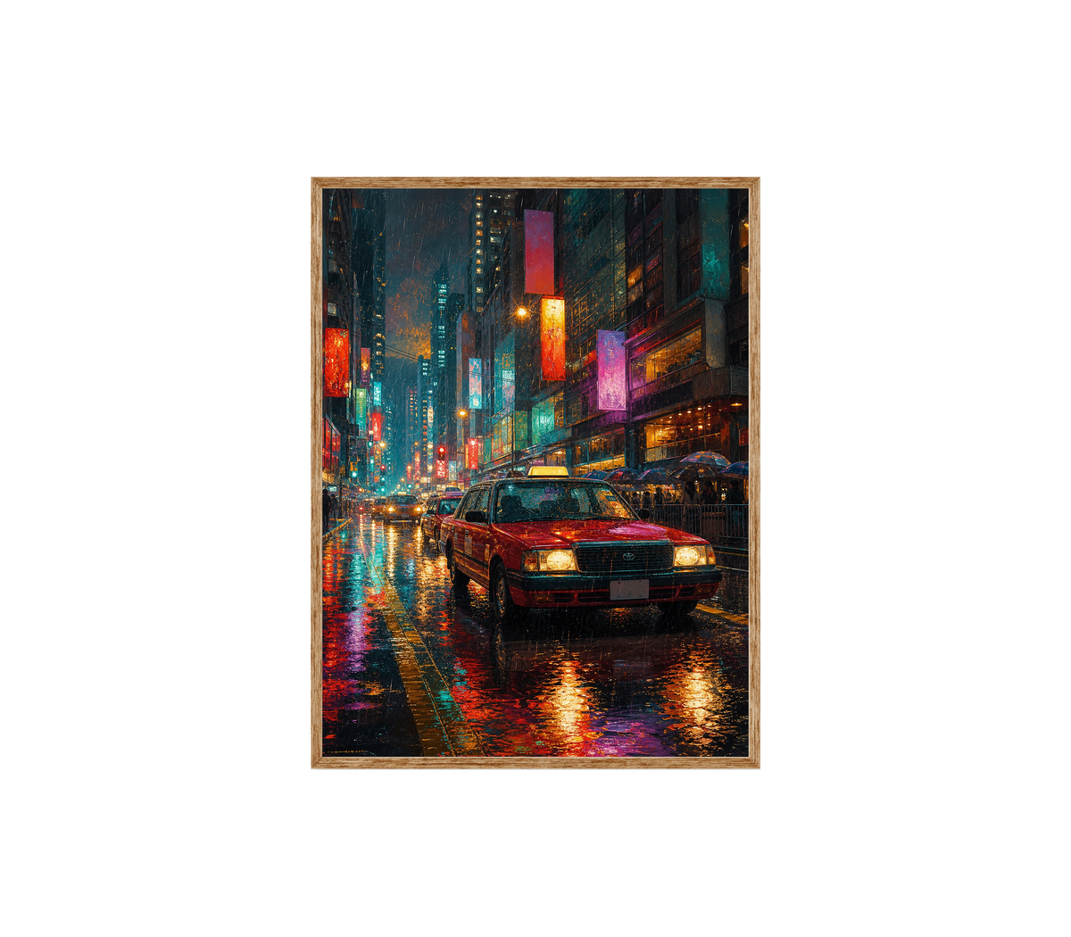 Neon Taxi Rain Street Wall Art Print poster original preview
