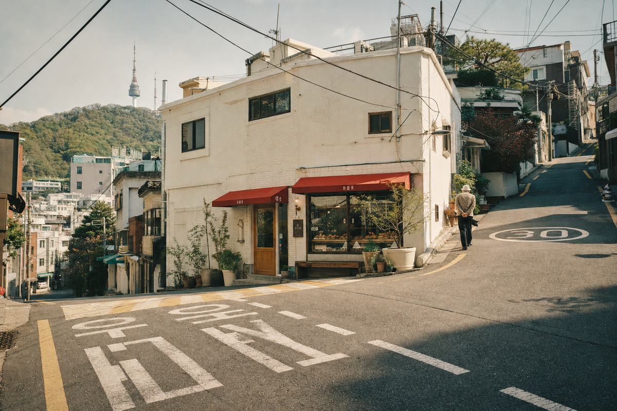 Seoul Red Awning Hillside Wall Art Print