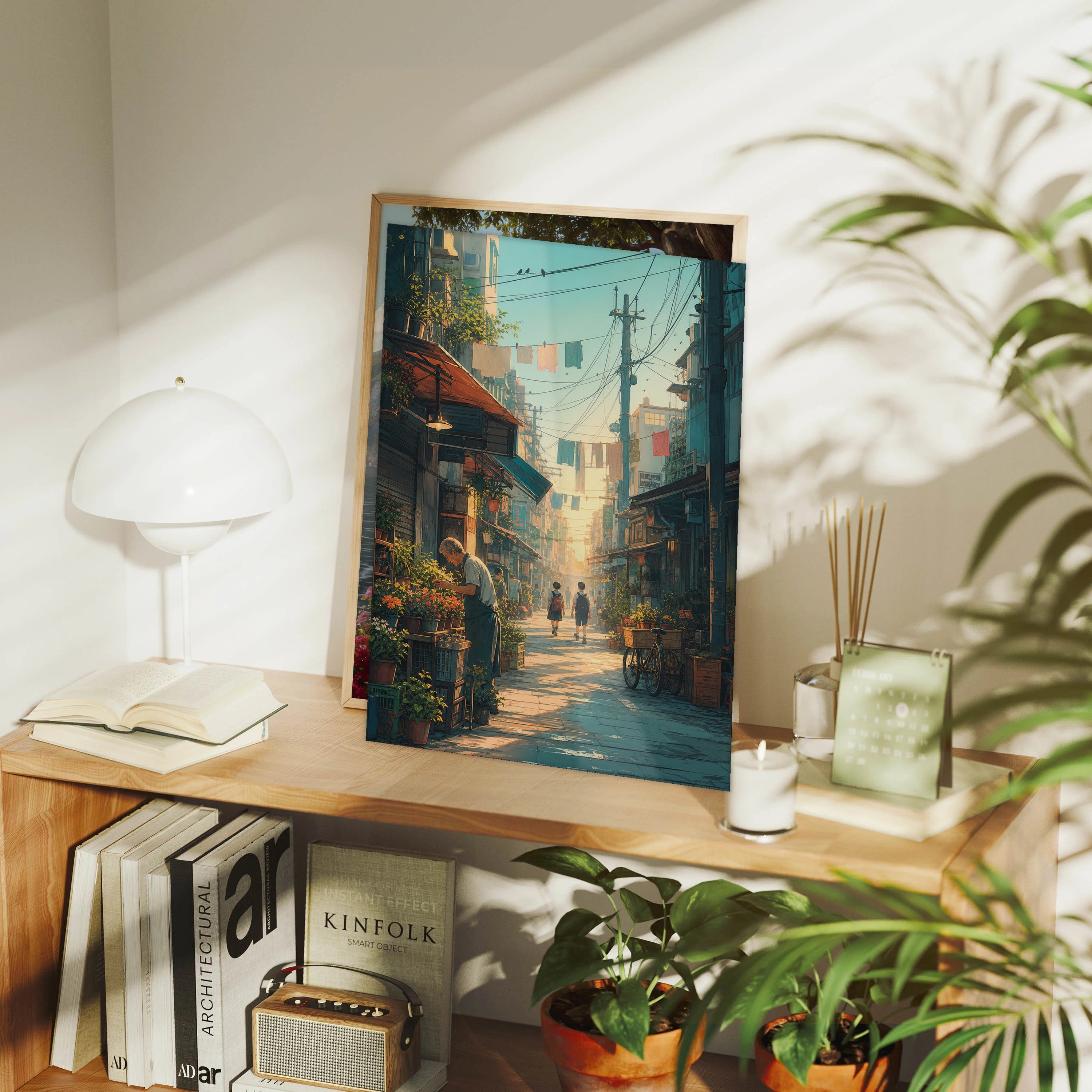 Sham Shui Po Hong Kong First Light Market Street framed wall art print mockup by Seji Art