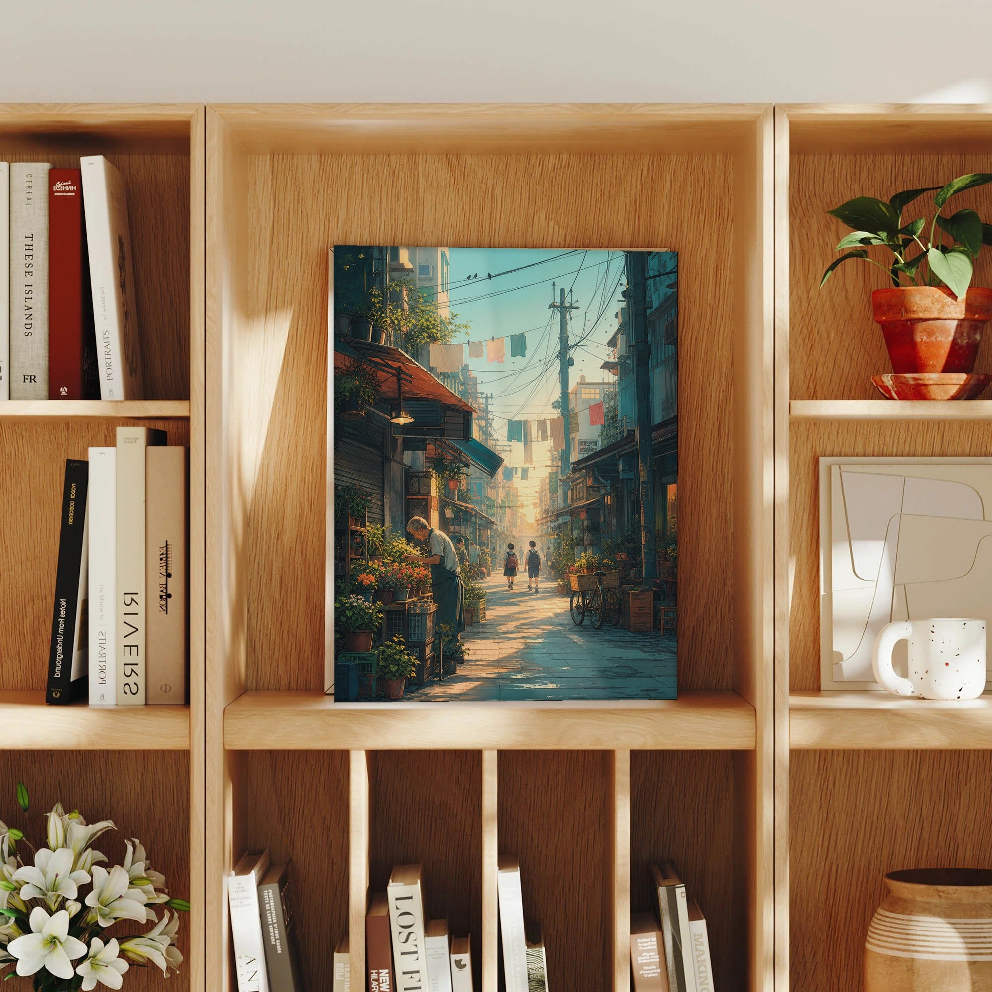 Sham Shui Po Hong Kong First Light Market Street framed wall art print mockup by Seji Art