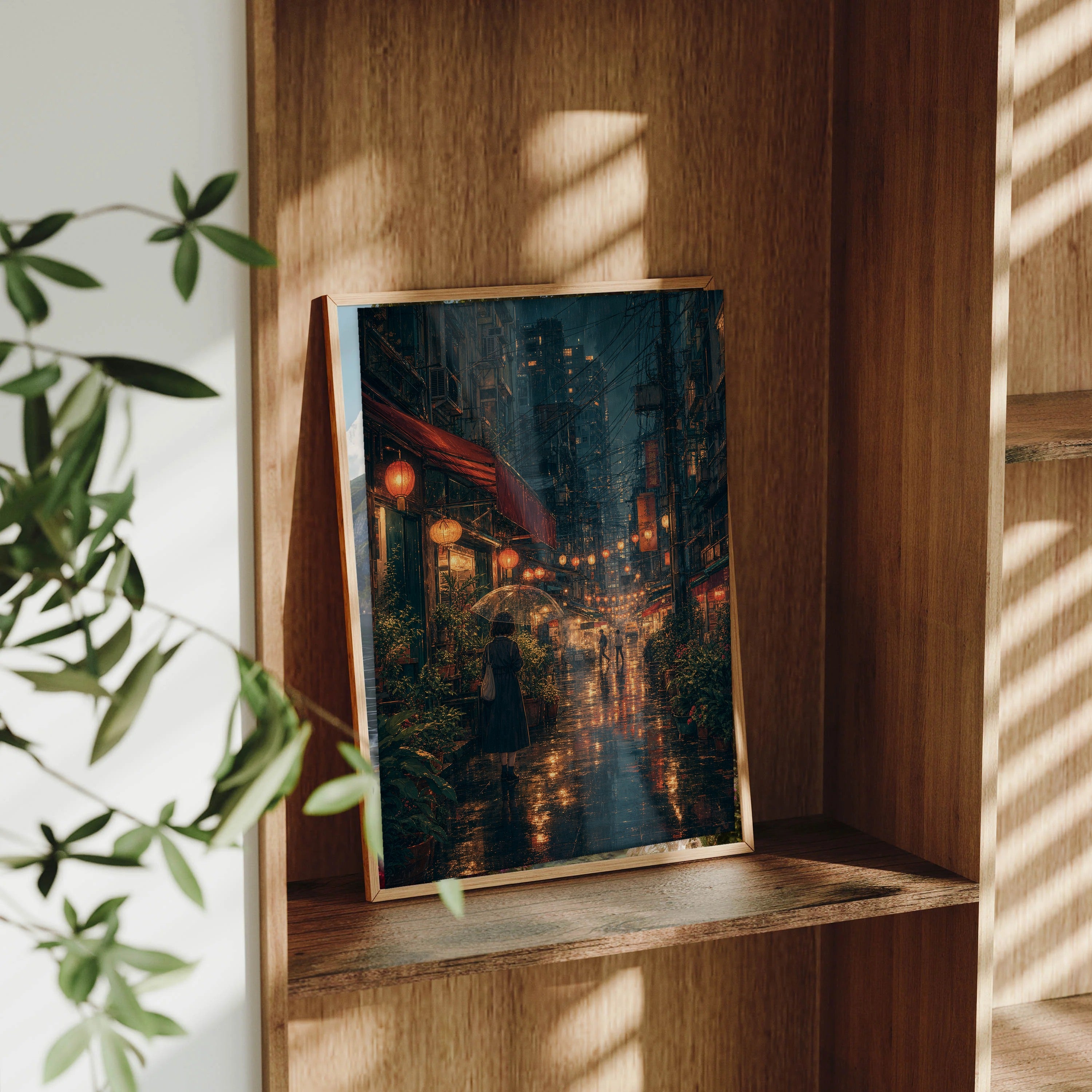 Sham Shui Po Hong Kong Midnight Rain Lanterns framed wall art print mockup by Seji Art