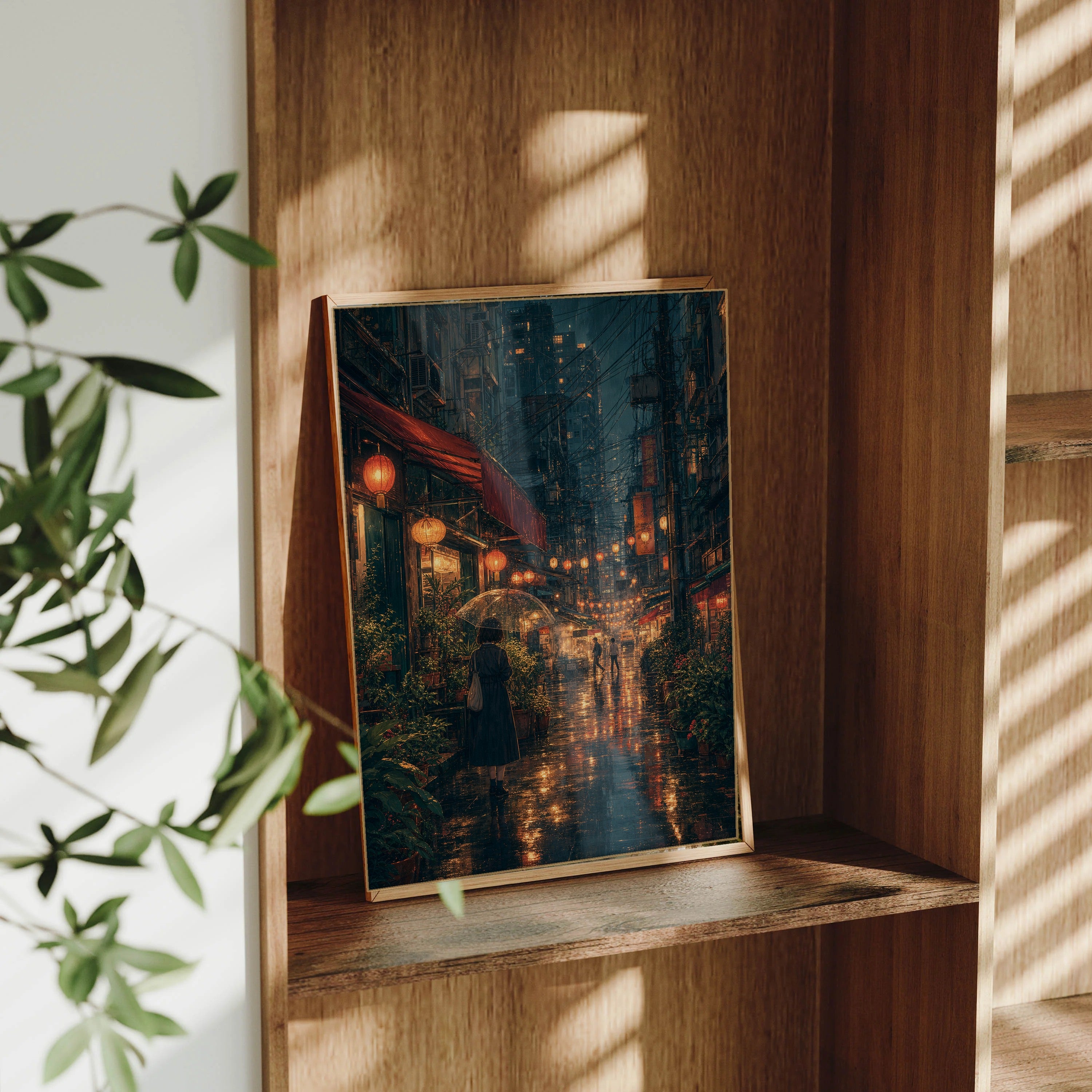 Sham Shui Po Hong Kong Midnight Rain Lanterns framed wall art print mockup by Seji Art