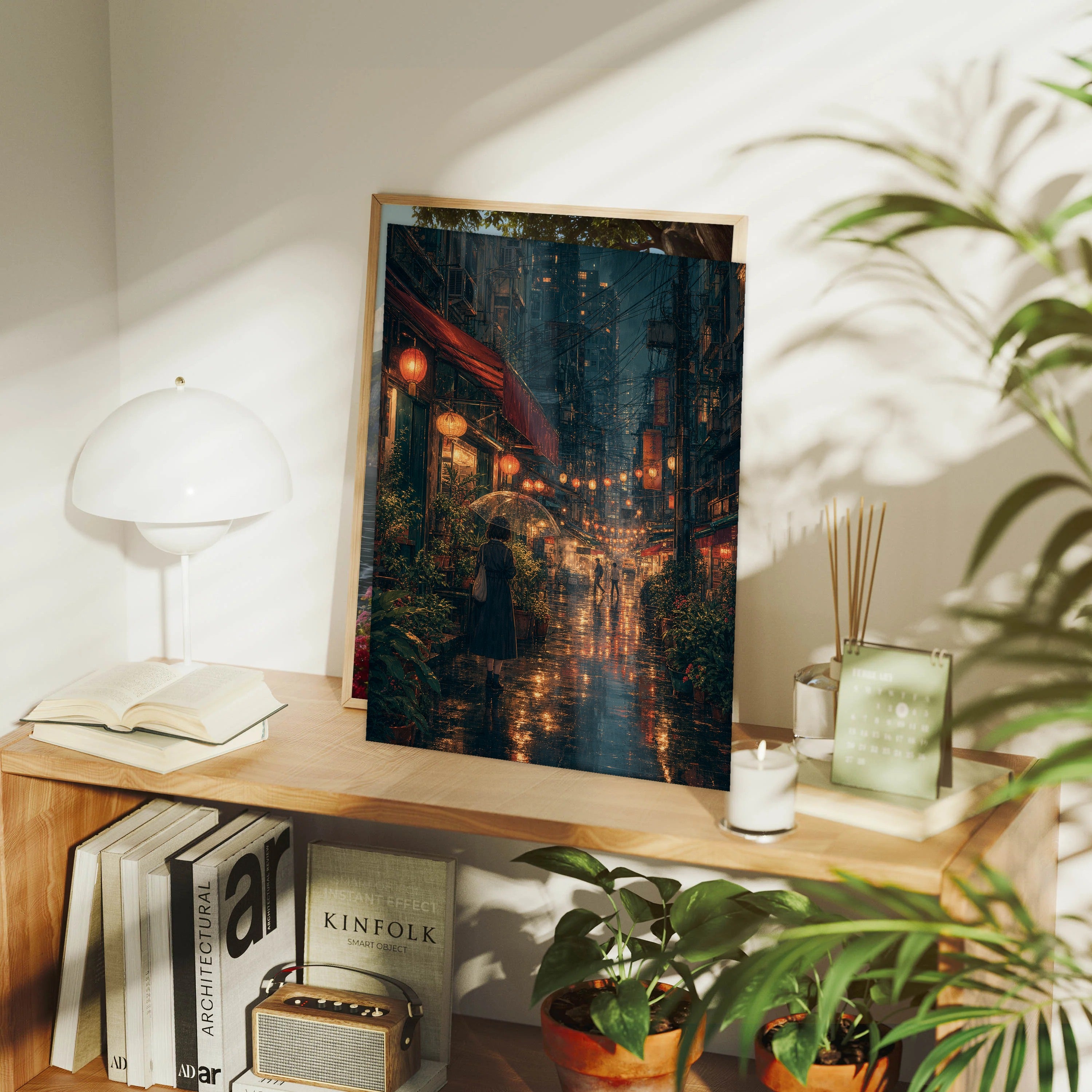 Sham Shui Po Hong Kong Midnight Rain Lanterns framed wall art print mockup by Seji Art