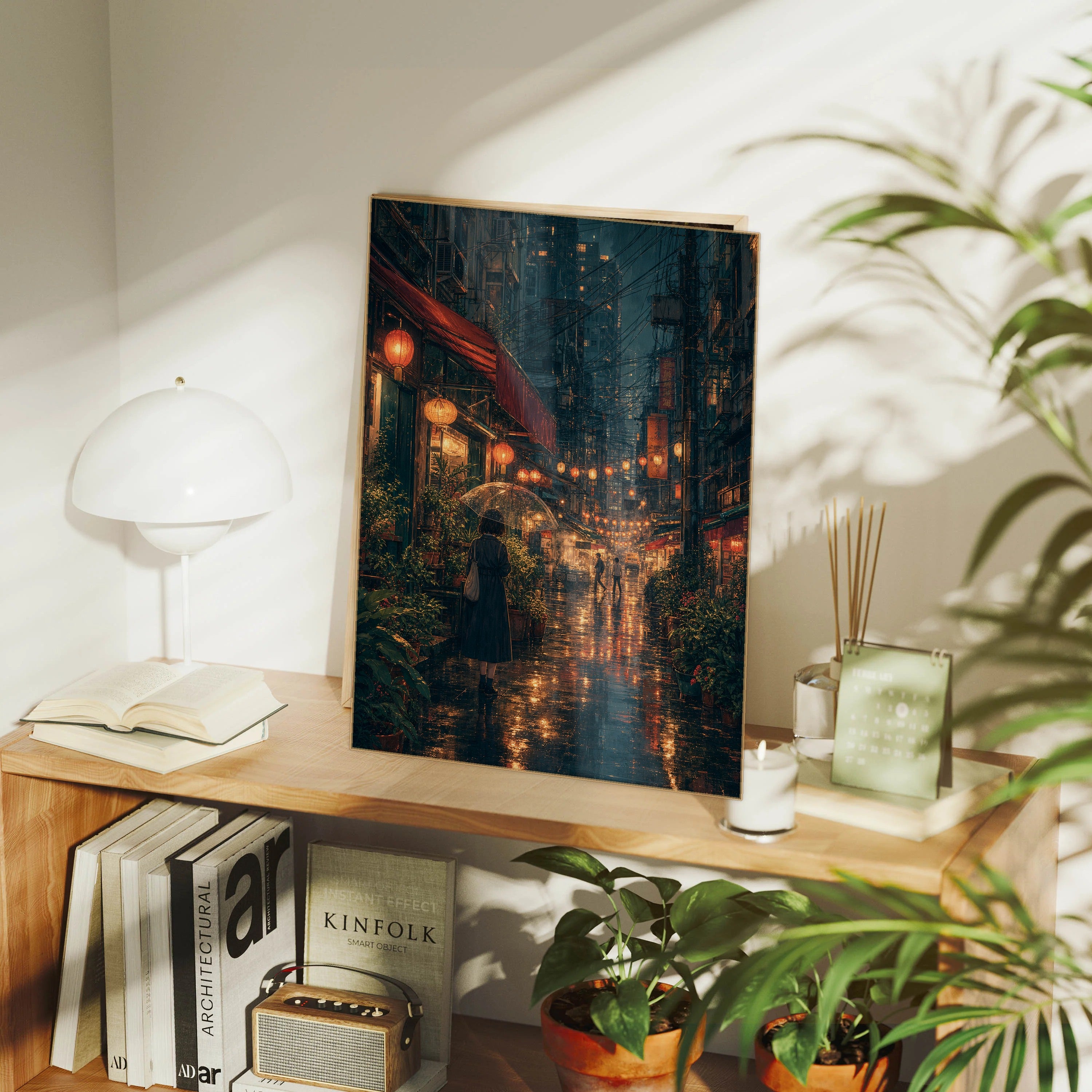 Sham Shui Po Hong Kong Midnight Rain Lanterns framed wall art print mockup by Seji Art