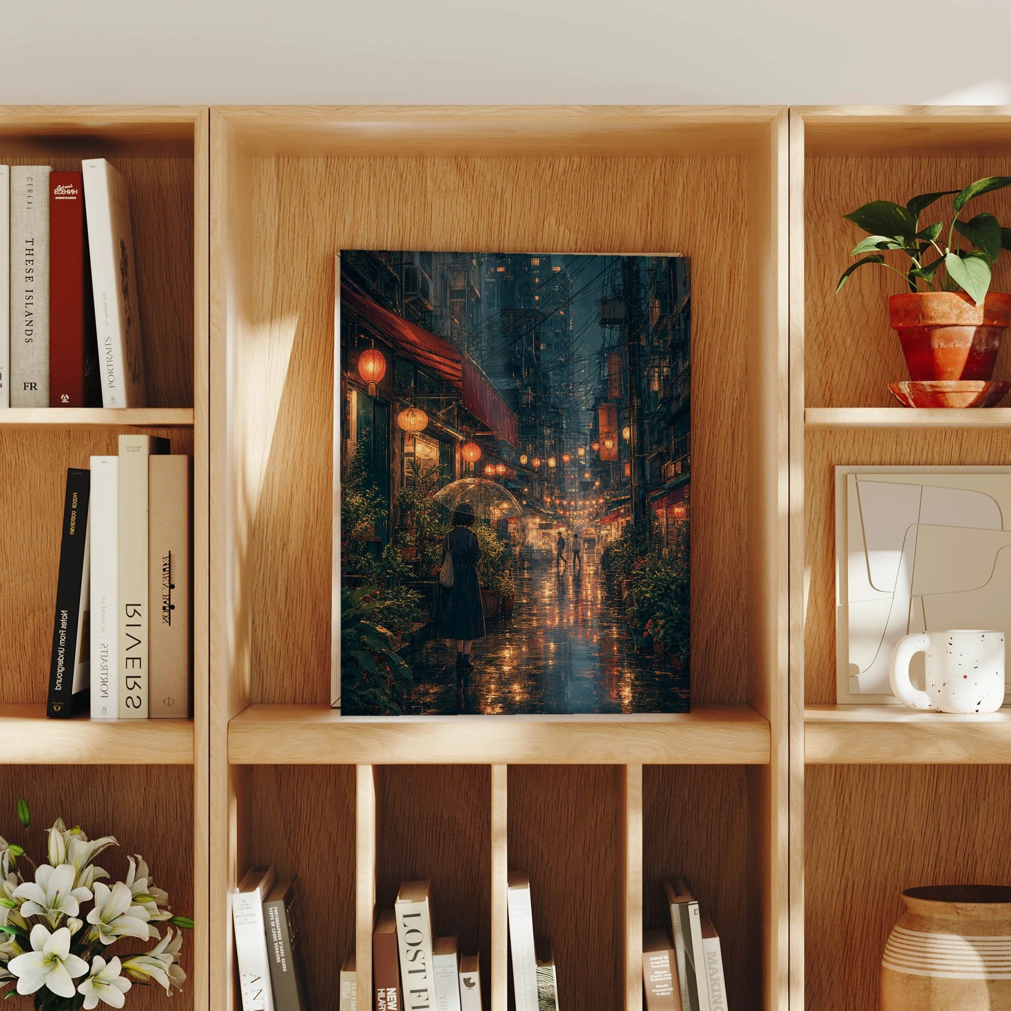 Sham Shui Po Hong Kong Midnight Rain Lanterns framed wall art print mockup by Seji Art