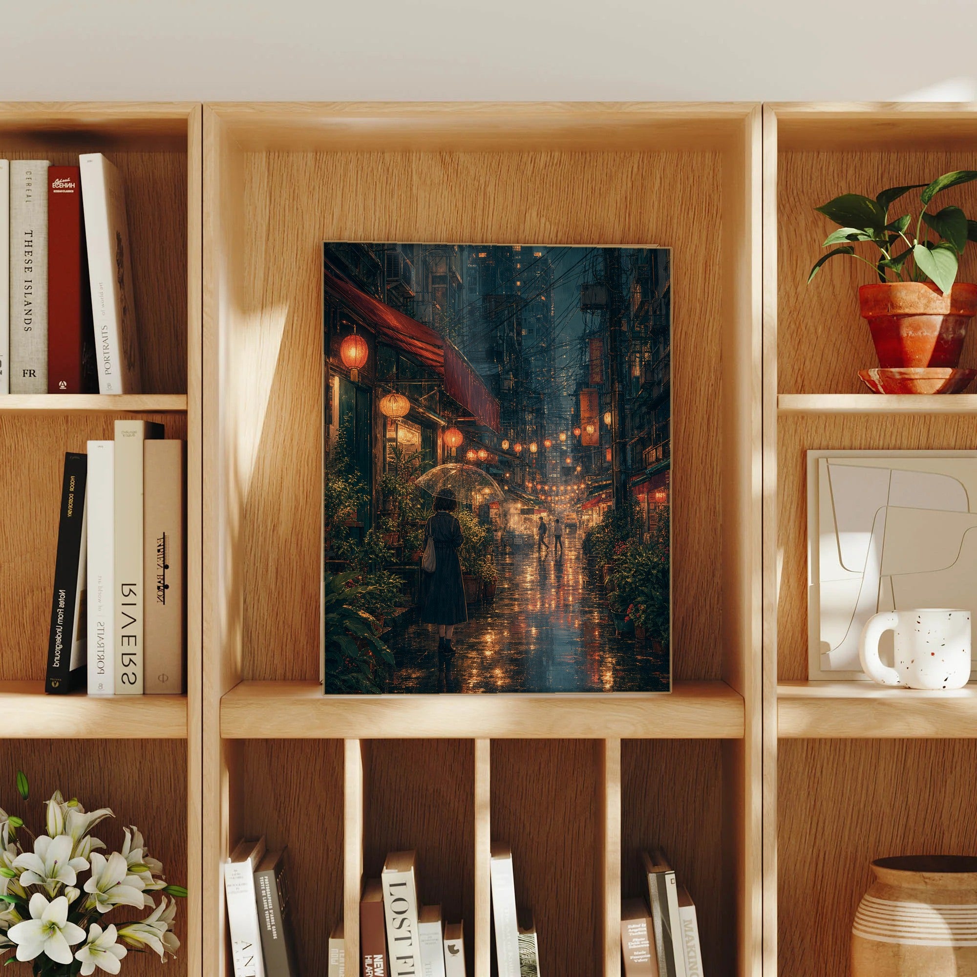 Sham Shui Po Hong Kong Midnight Rain Lanterns framed wall art print mockup by Seji Art