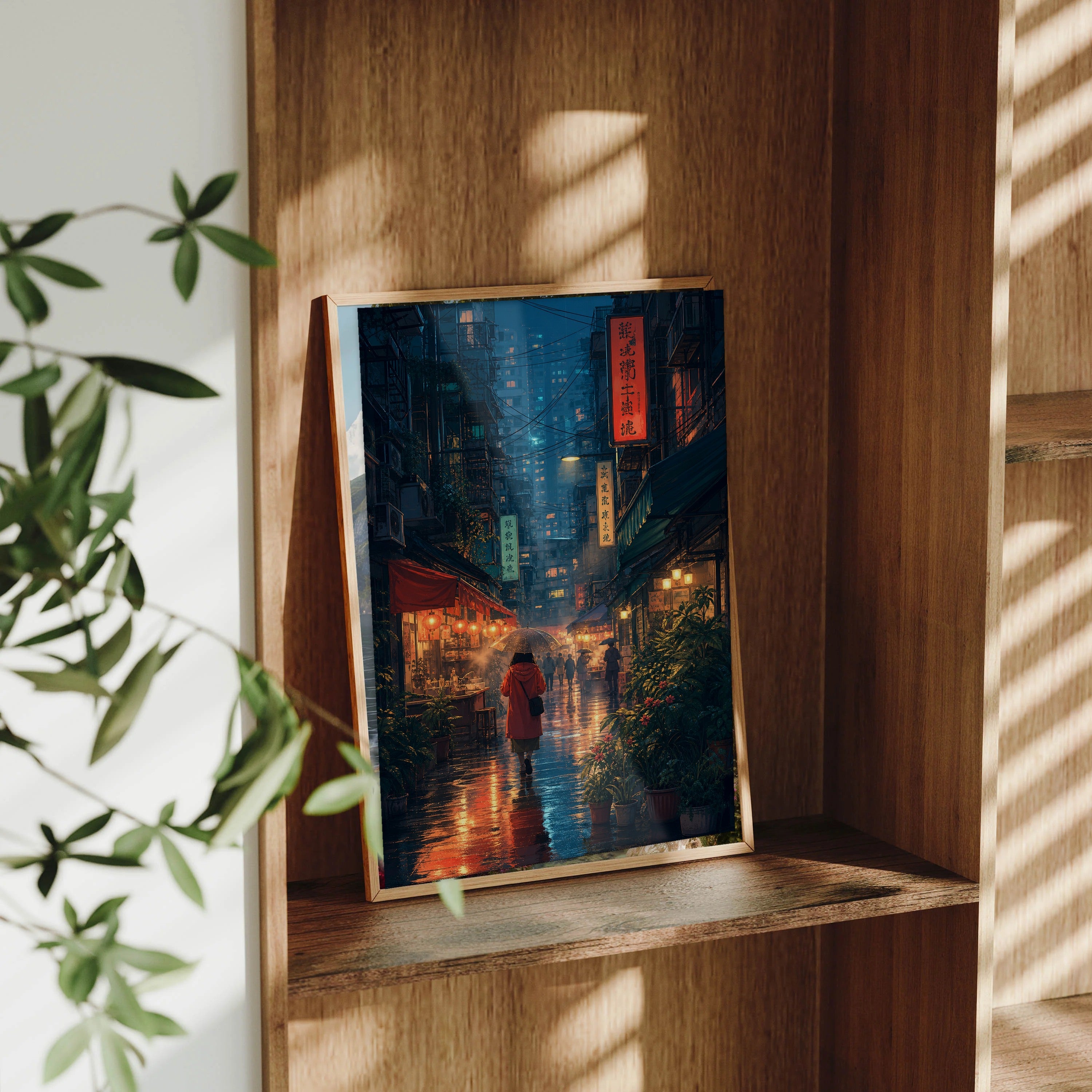 Sham Shui Po Hong Kong Monsoon Lantern Alley framed wall art print mockup by Seji Art