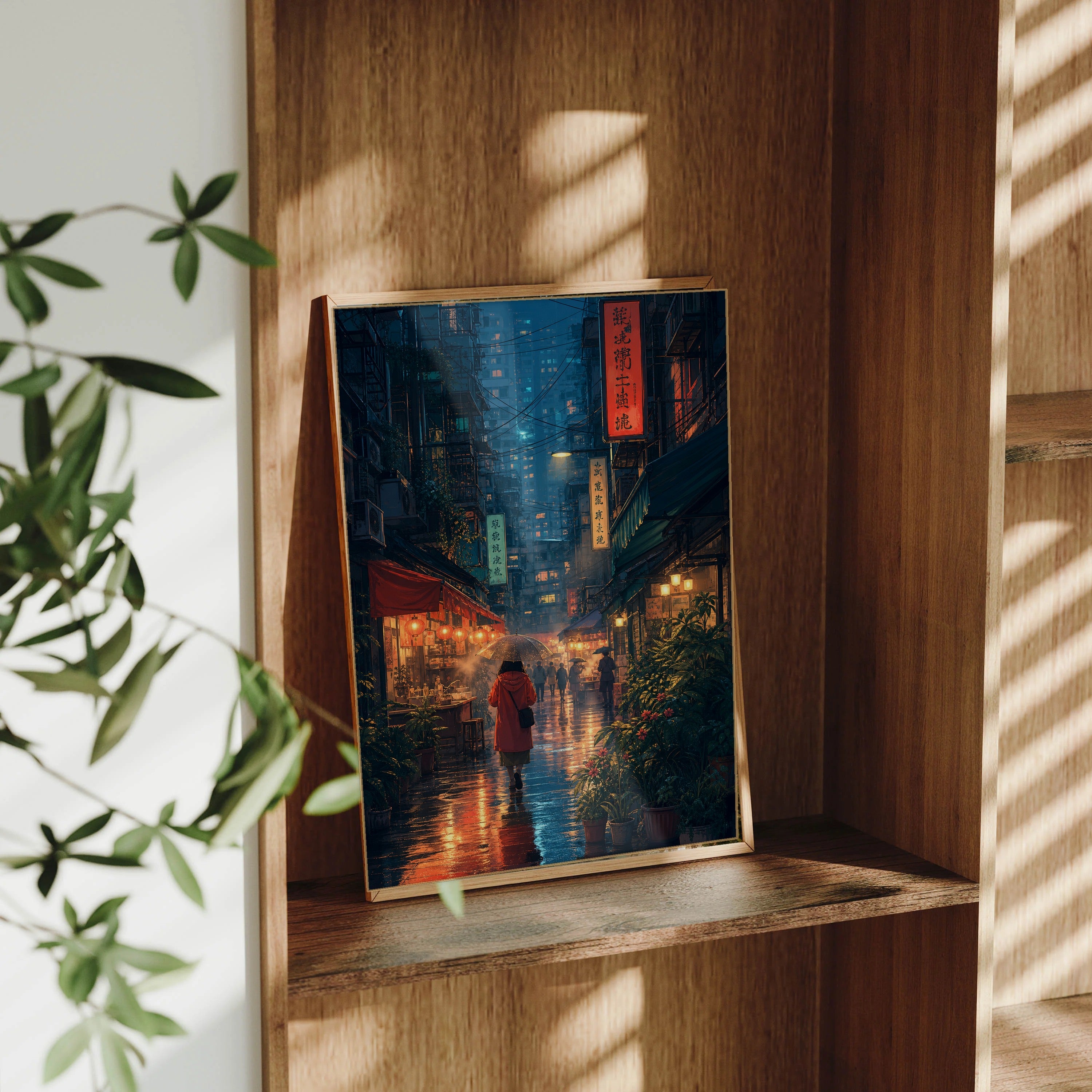 Sham Shui Po Hong Kong Monsoon Lantern Alley framed wall art print mockup by Seji Art