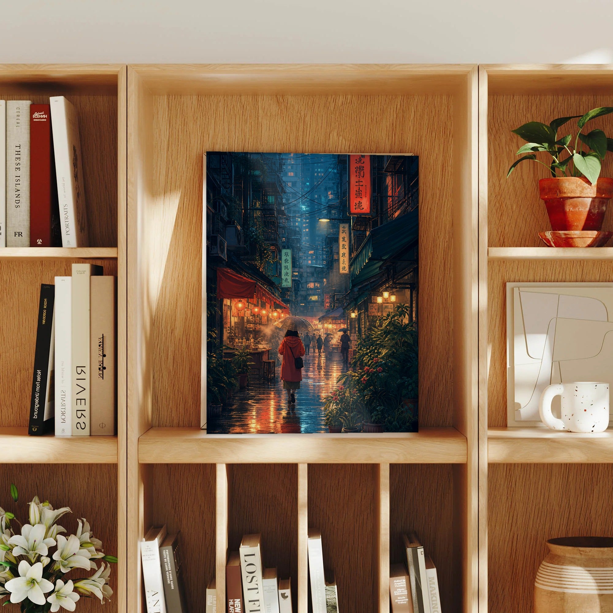 Sham Shui Po Hong Kong Monsoon Lantern Alley framed wall art print mockup by Seji Art