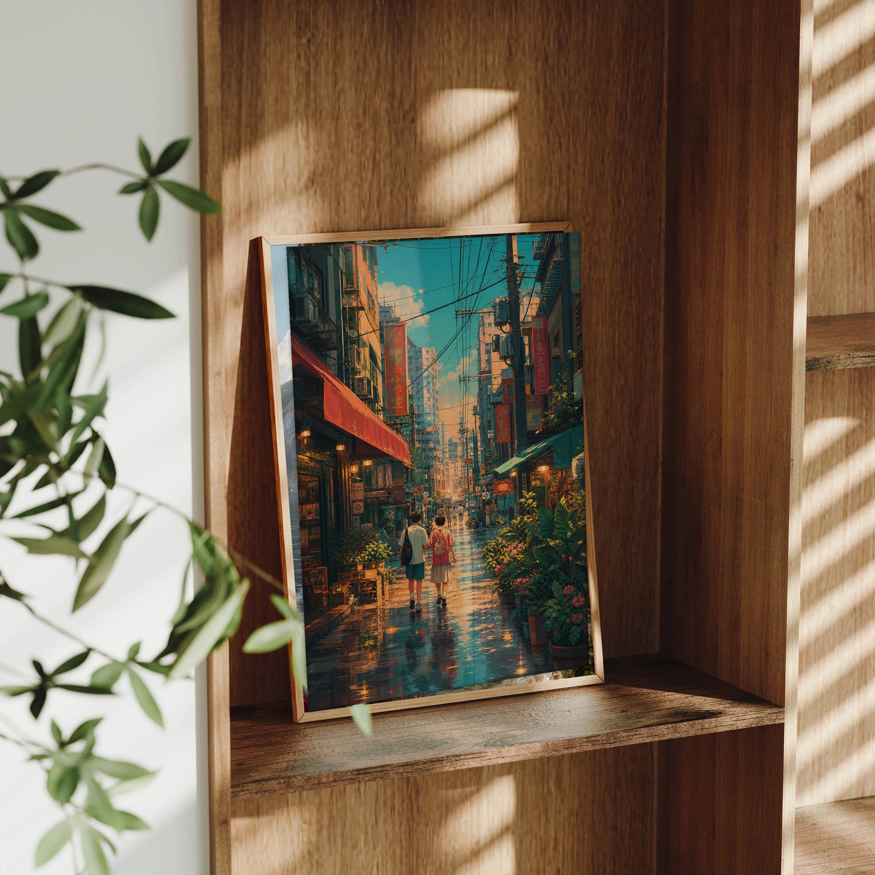 Sham Shui Po Hong Kong Rain Washed Neon Afternoon framed wall art print mockup by Seji Art