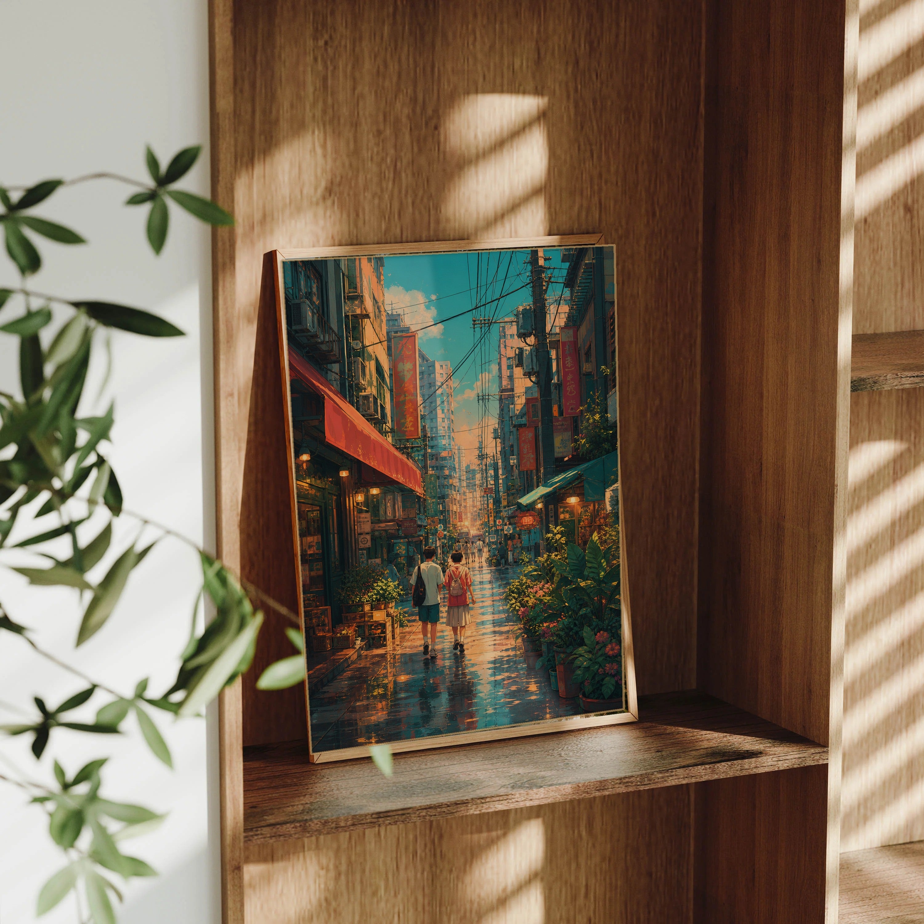 Sham Shui Po Hong Kong Rain Washed Neon Afternoon framed wall art print mockup by Seji Art