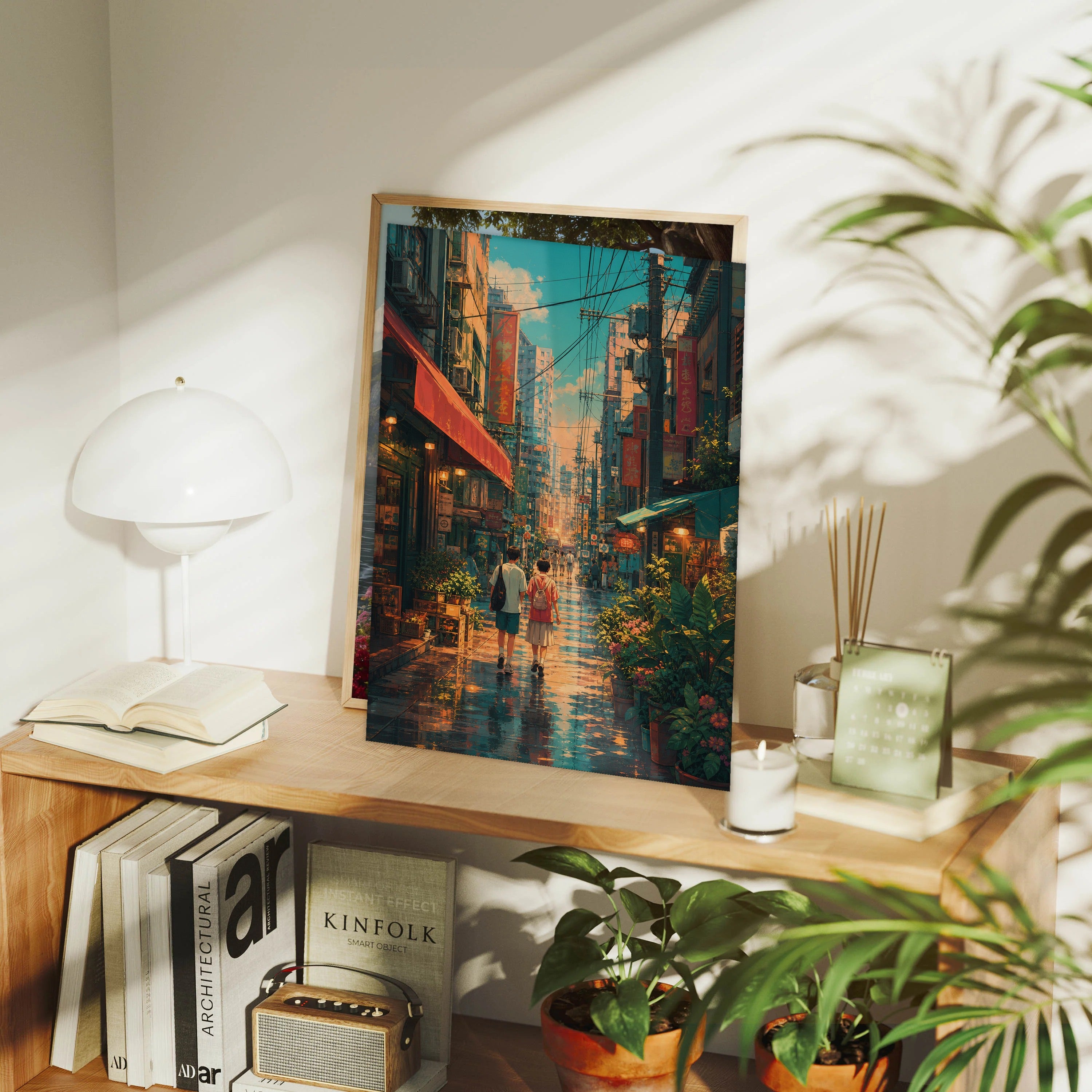 Sham Shui Po Hong Kong Rain Washed Neon Afternoon framed wall art print mockup by Seji Art