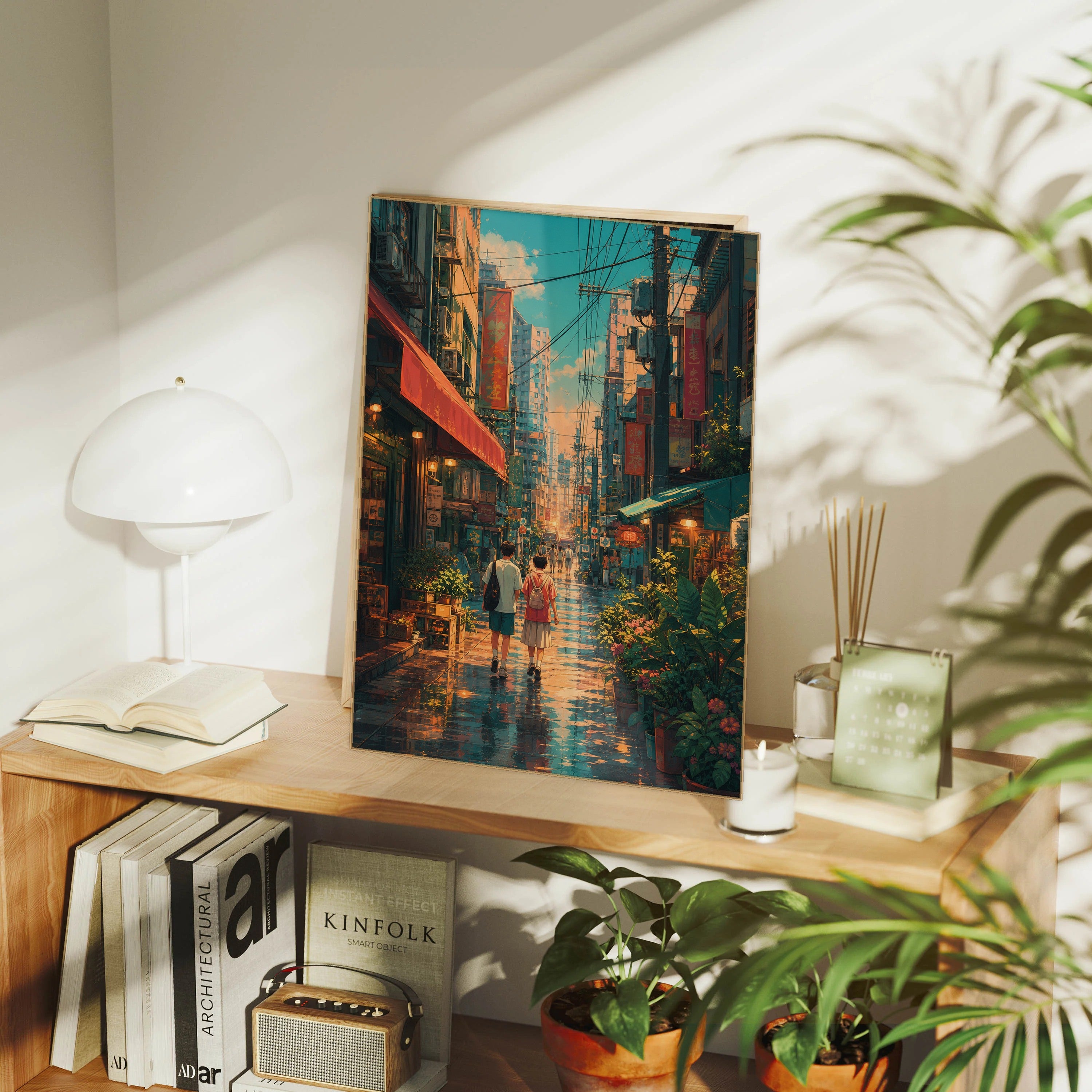 Sham Shui Po Hong Kong Rain Washed Neon Afternoon framed wall art print mockup by Seji Art