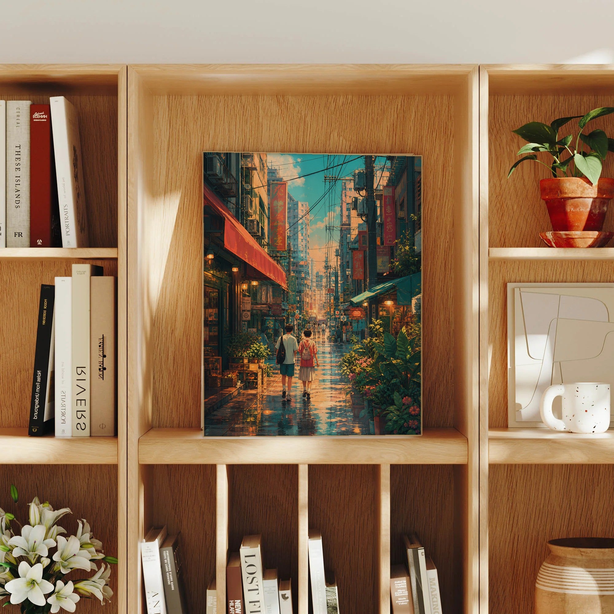 Sham Shui Po Hong Kong Rain Washed Neon Afternoon framed wall art print mockup by Seji Art
